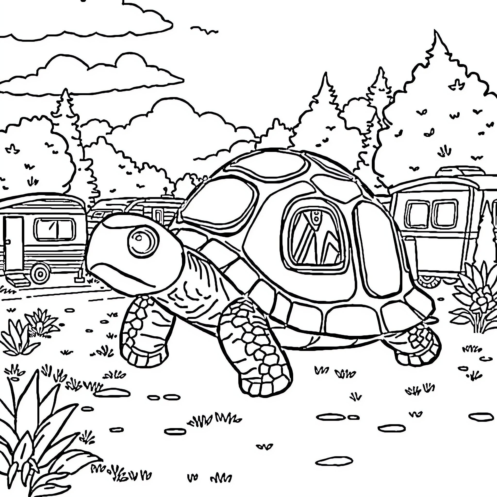 Turtle exploring the campsite in the wilderness Coloring Page (free black-and-white line drawing printable PDF for all, from beginners to advanced learners, including children, teens, adults, and seniors)
