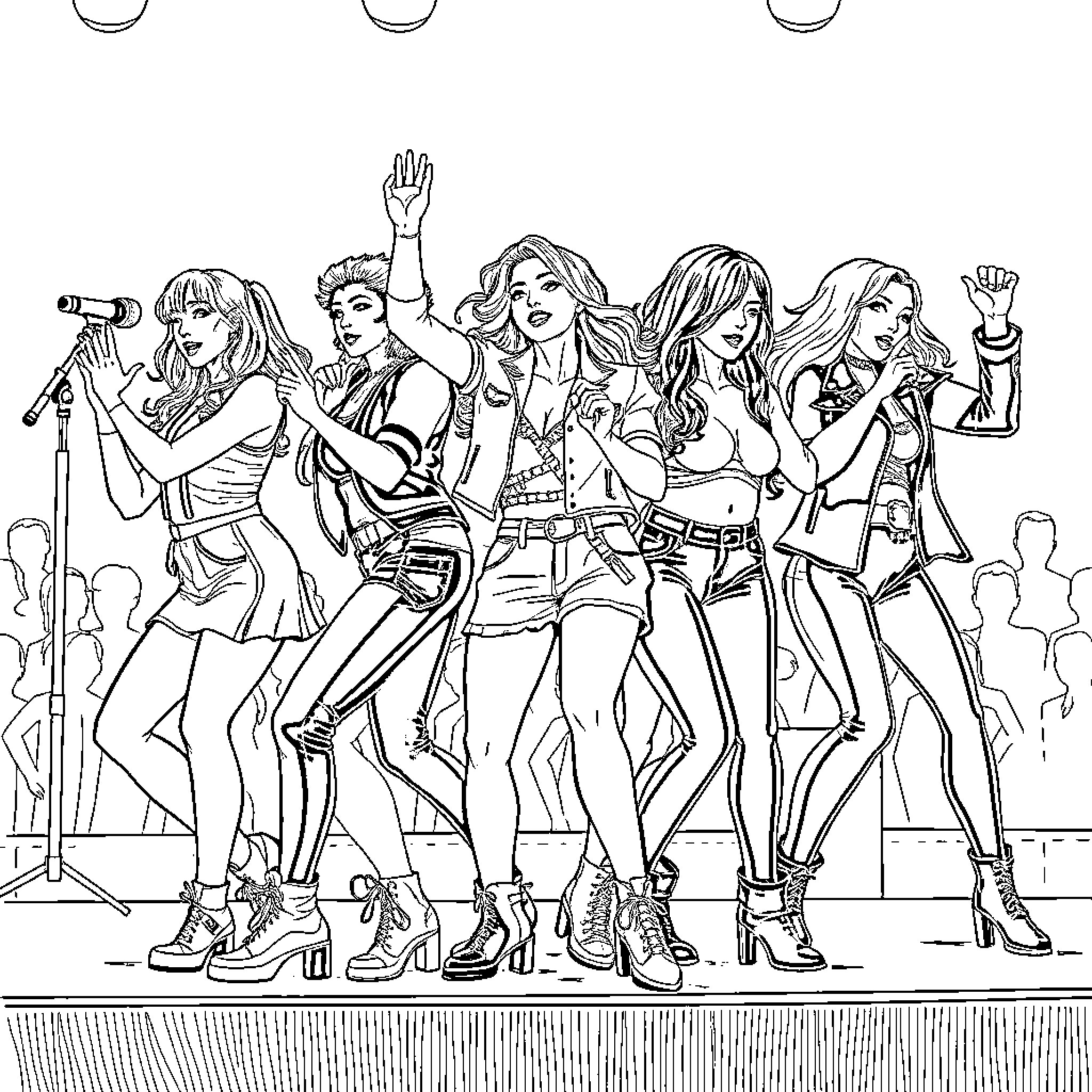 Kpop girl group performing energetically on stage Coloring Page (free black-and-white line drawing printable PDF for all, from beginners to advanced learners, including children, teens, adults, and seniors)