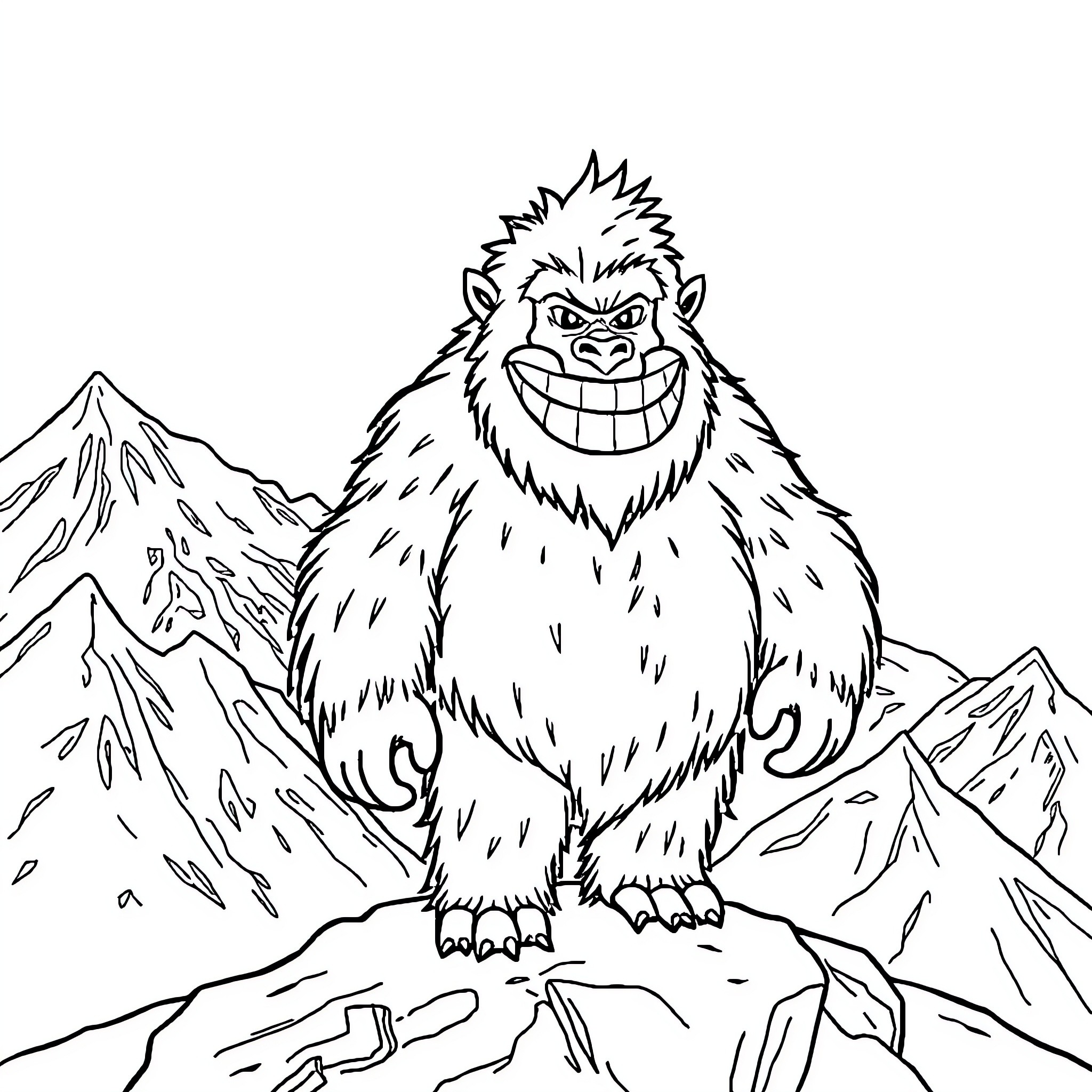 Yeti enjoying the snowy mountains Coloring Page (free black-and-white line drawing printable PDF for all, from beginners to advanced learners, including children, teens, adults, and seniors)