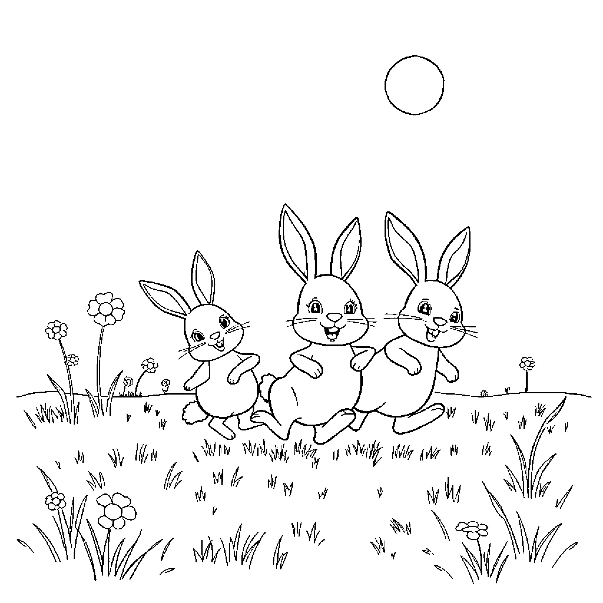 Bunny siblings playing joyfully in the meadow Coloring Page (free black-and-white line drawing printable PDF for all, from beginners to advanced learners, including children, teens, adults, and seniors)