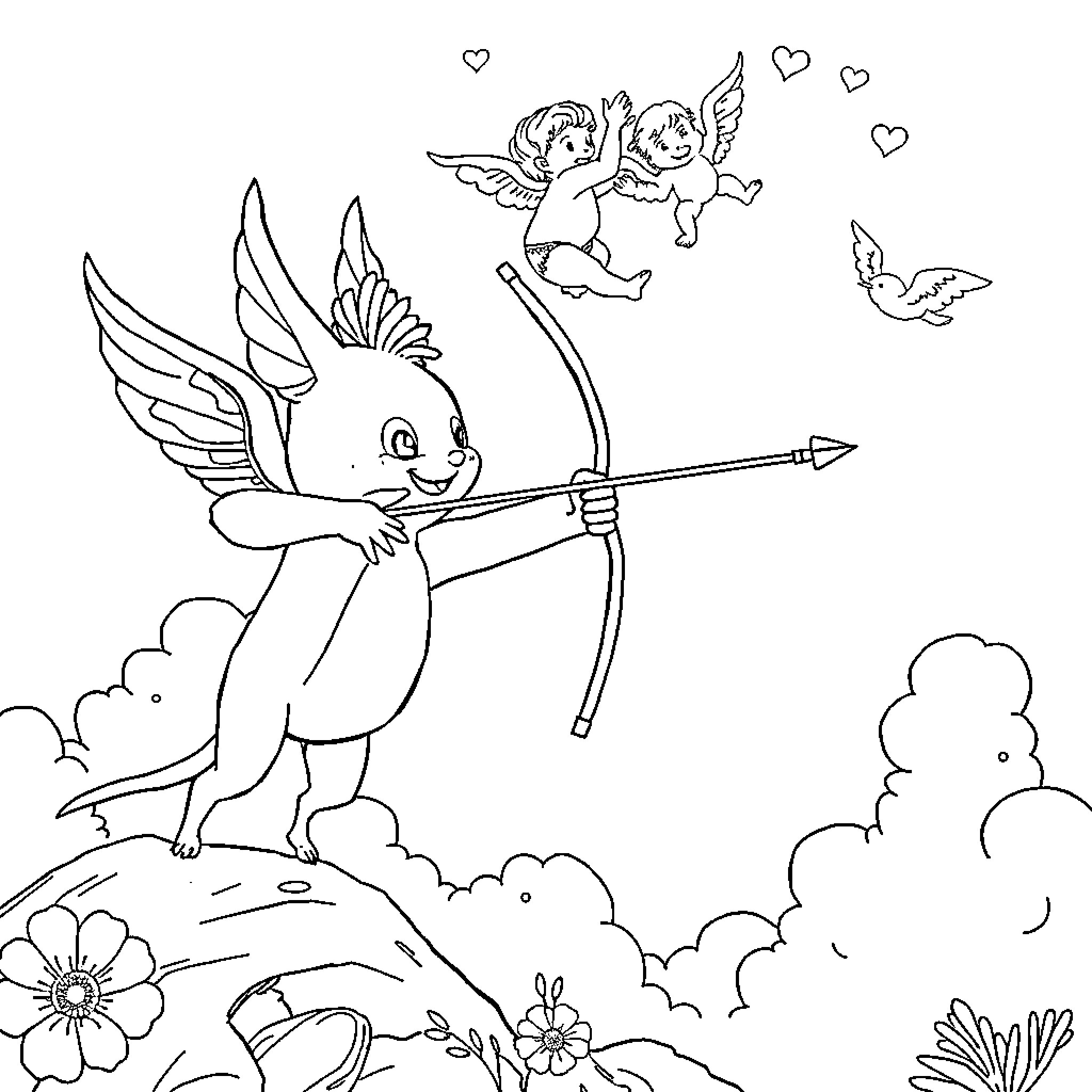 Labubu's Whimsical Adventure with Cupids in the Sky Coloring Page (free black-and-white line drawing printable PDF for all, from beginners to advanced learners, including children, teens, adults, and seniors)