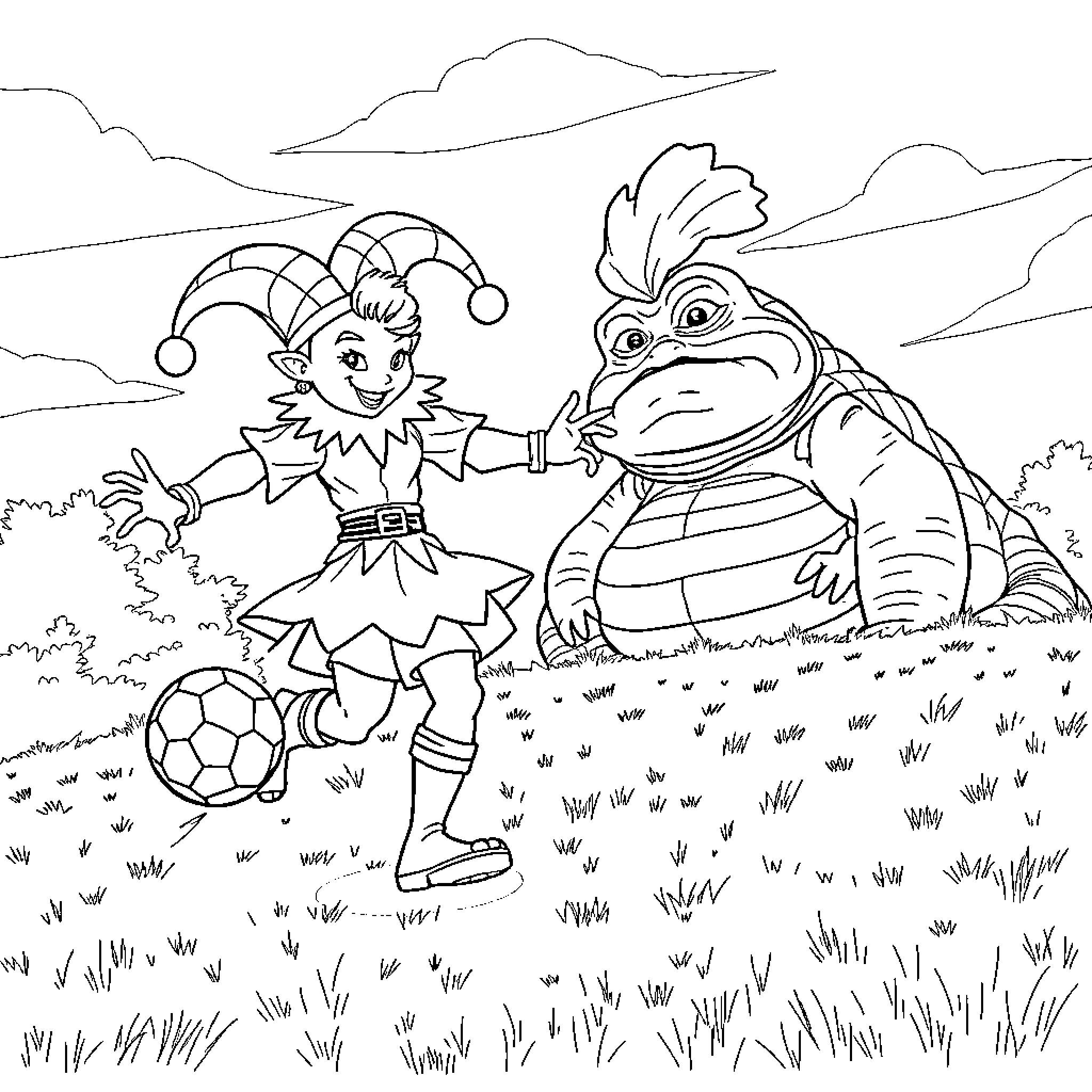 Hisoka the playful jester interacts with a fantastical creature Coloring Page (free black-and-white line drawing printable PDF for all, from beginners to advanced learners, including children, teens, adults, and seniors)