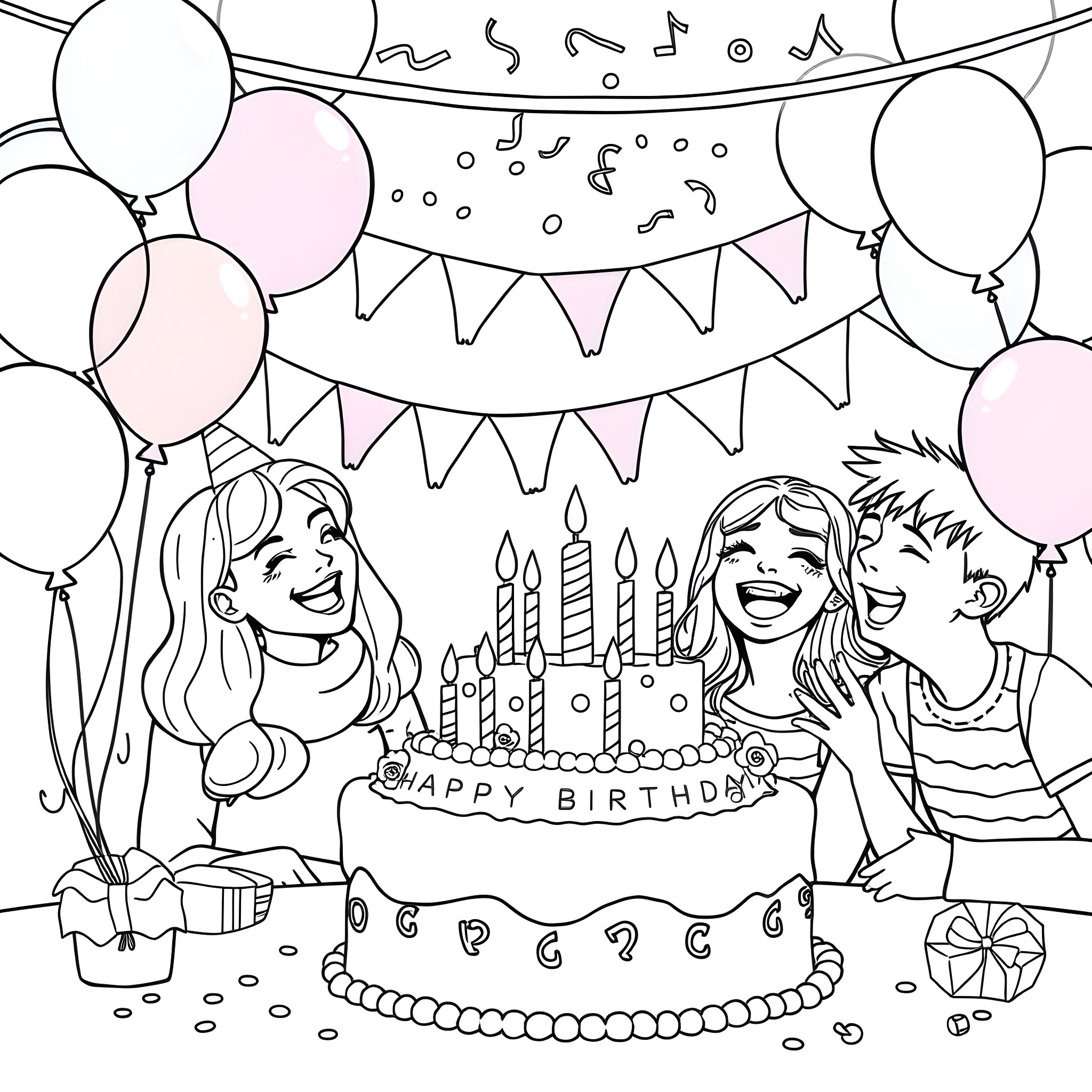 Else Celebrate Birthday with Family and Balloons Coloring Page (free black-and-white line drawing printable PDF for all, from beginners to advanced learners, including children, teens, adults, and seniors)