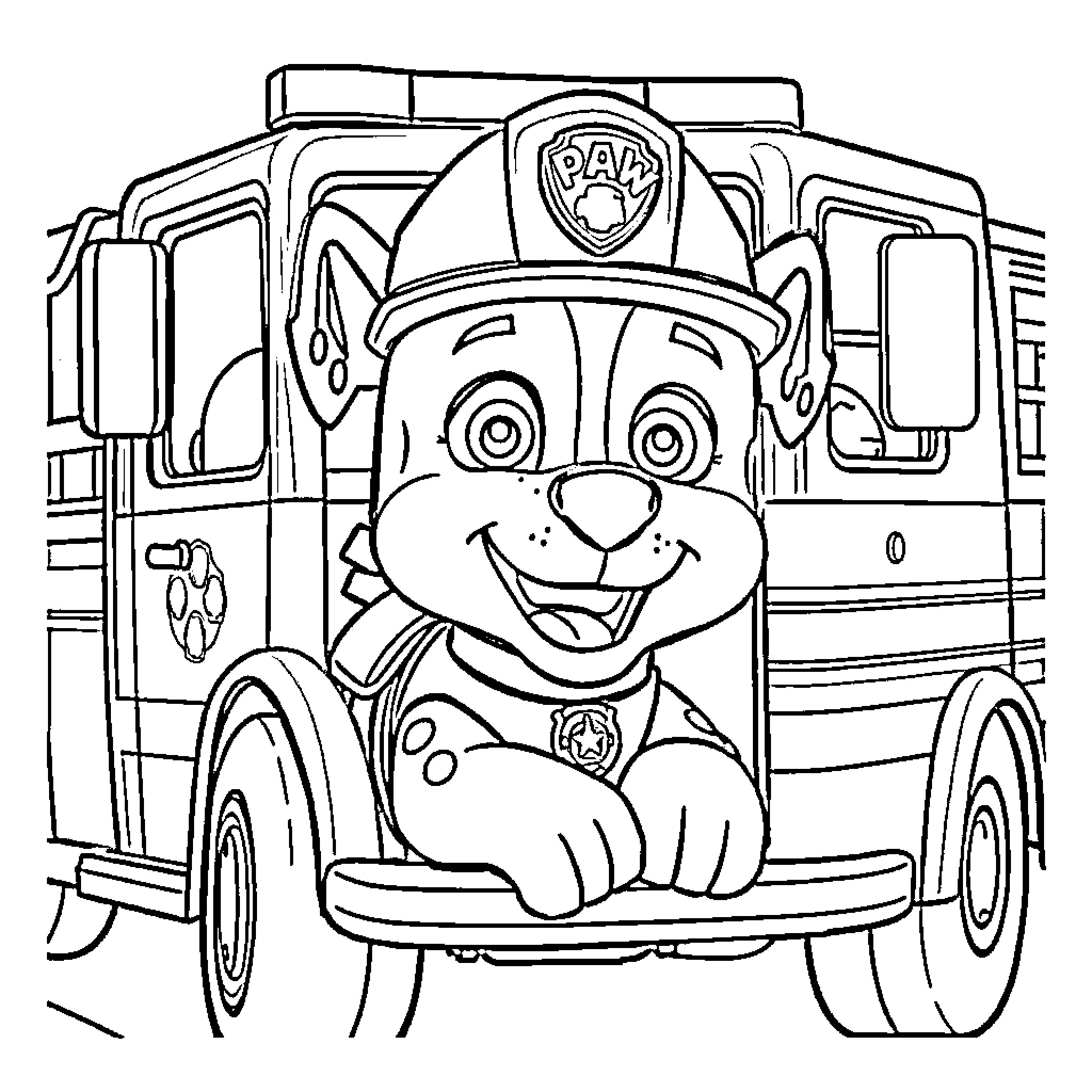 Marshall riding happily in the firetruck Coloring Page (free black-and-white line drawing printable PDF for all, from beginners to advanced learners, including children, teens, adults, and seniors)