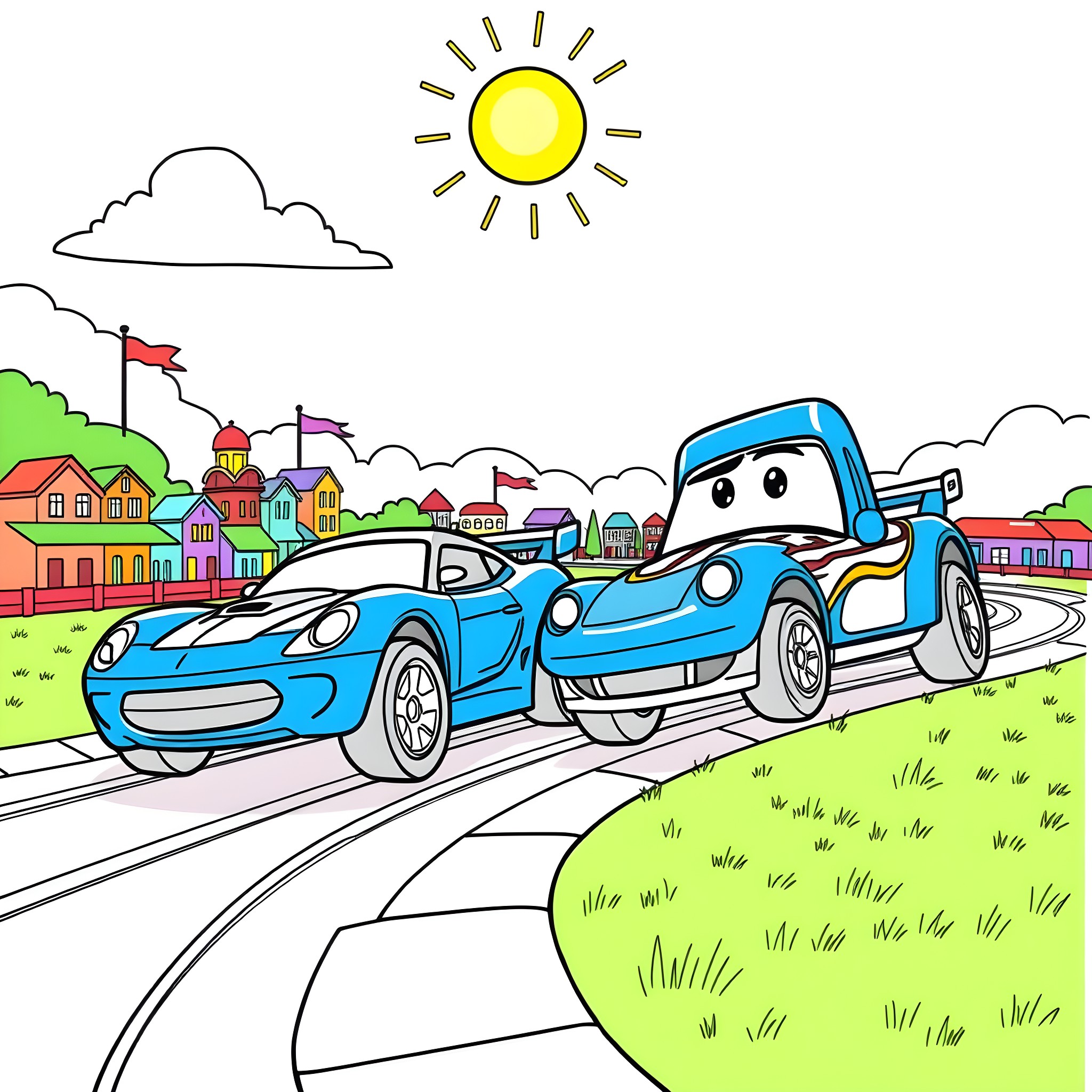Bluey's Colorful Car Adventure in a Vibrant Town Coloring Page (free black-and-white line drawing printable PDF for all, from beginners to advanced learners, including children, teens, adults, and seniors)