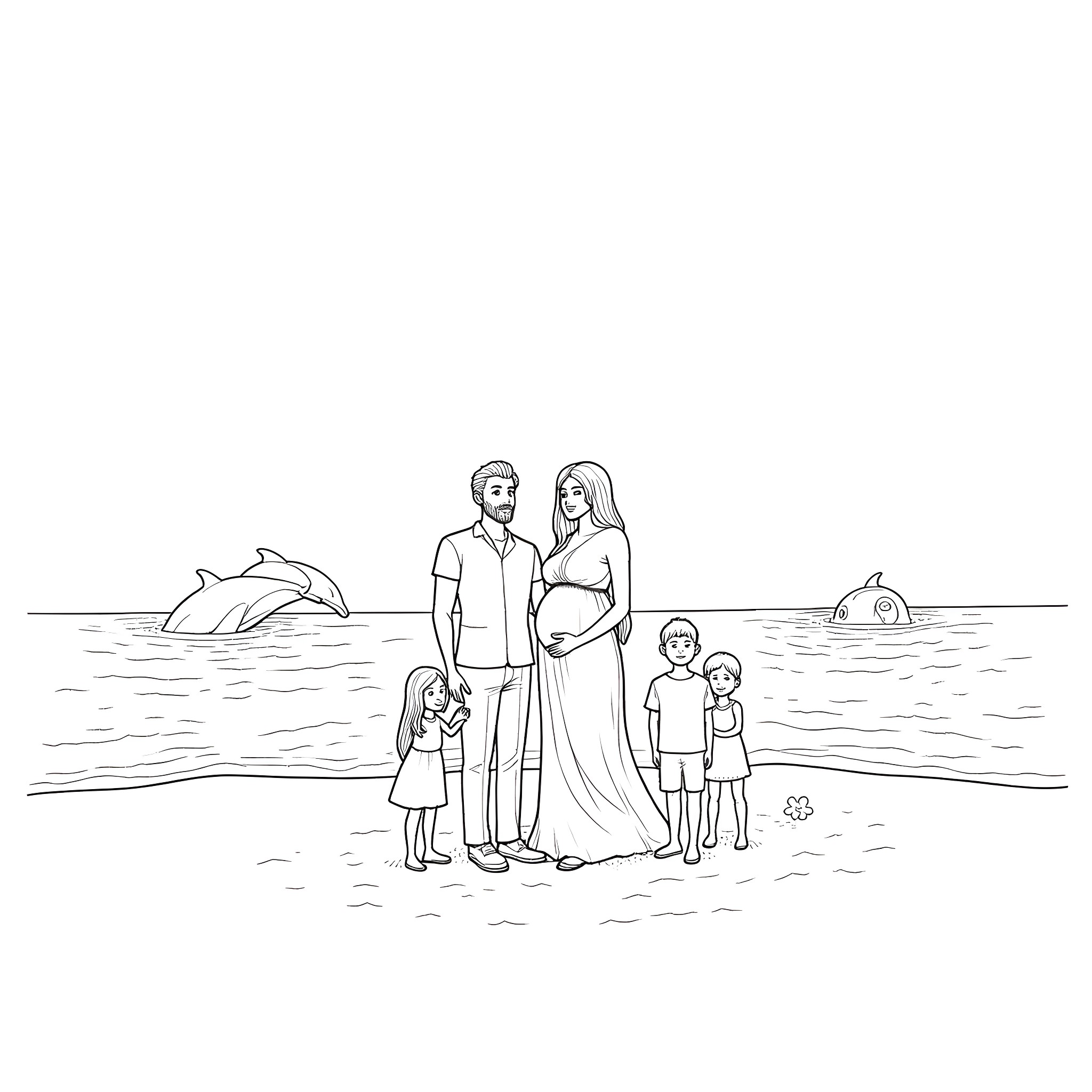 Wedding by the Sea with Family Coloring Page (free black-and-white line drawing printable PDF for all, from beginners to advanced learners, including children, teens, adults, and seniors)