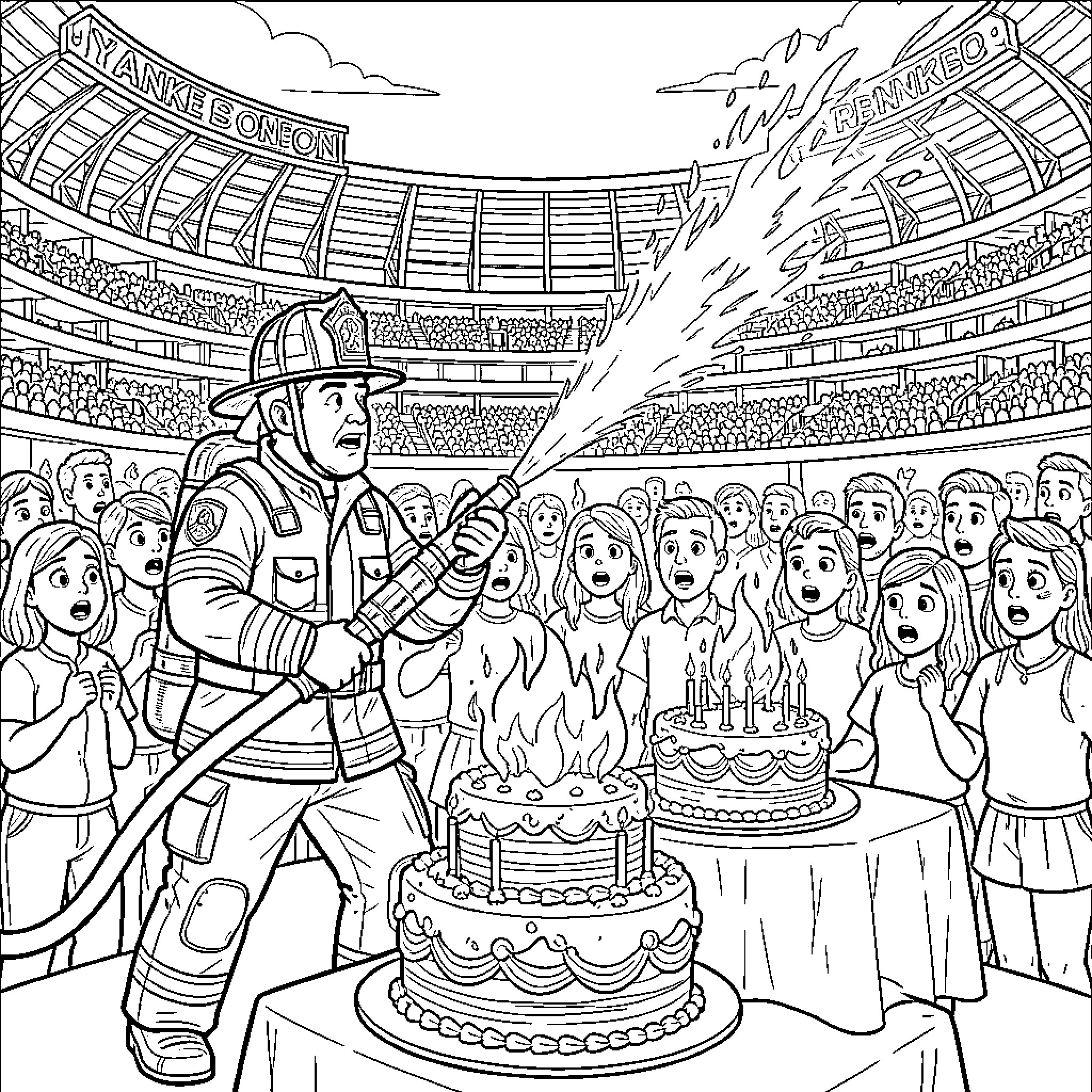 Firefighter spraying water to extinguish birthday candles Coloring Page (free black-and-white line drawing printable PDF for all, from beginners to advanced learners, including children, teens, adults, and seniors)