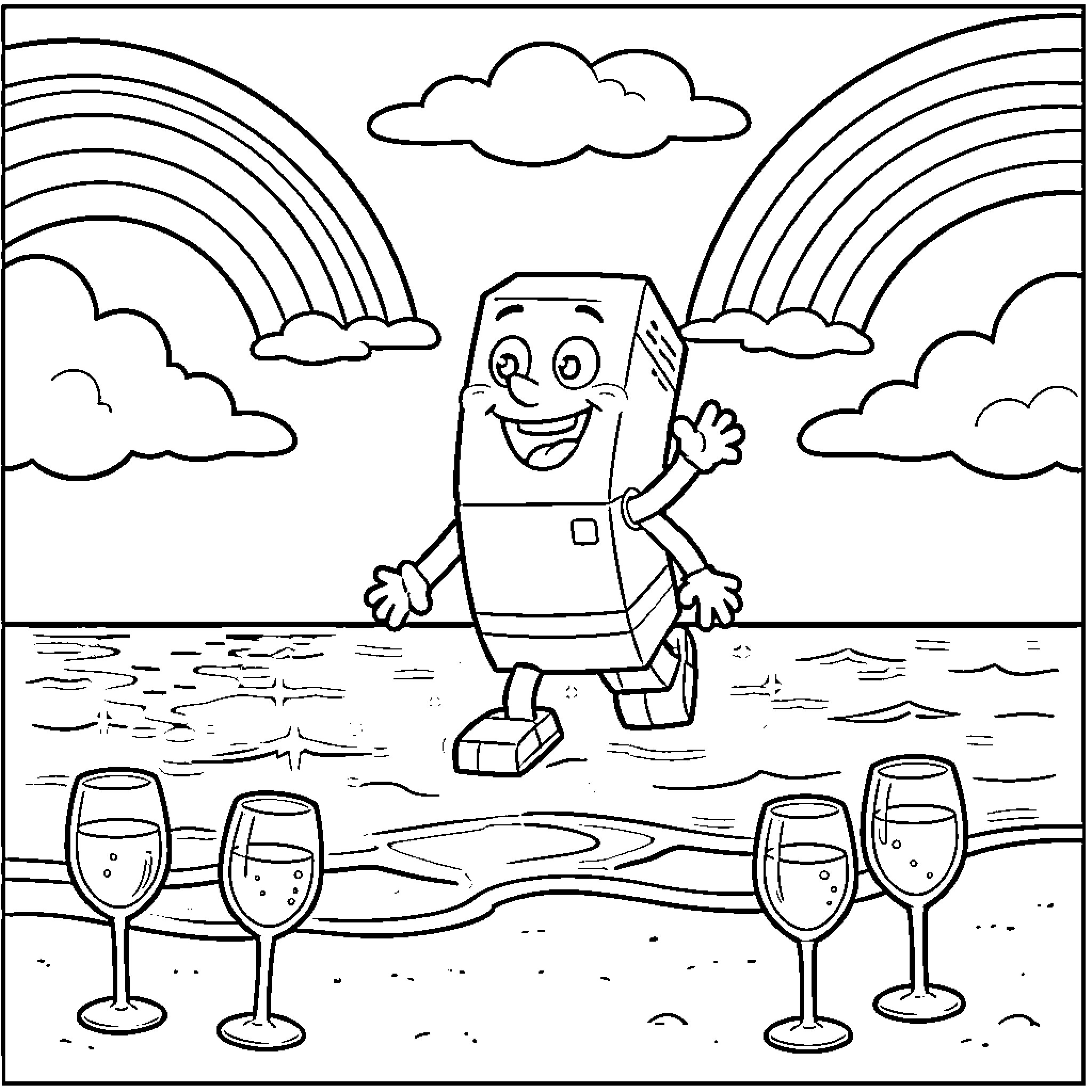 Clippy's Whimsical Coastal Adventure Coloring Page (free black-and-white line drawing printable PDF for all, from beginners to advanced learners, including children, teens, adults, and seniors)