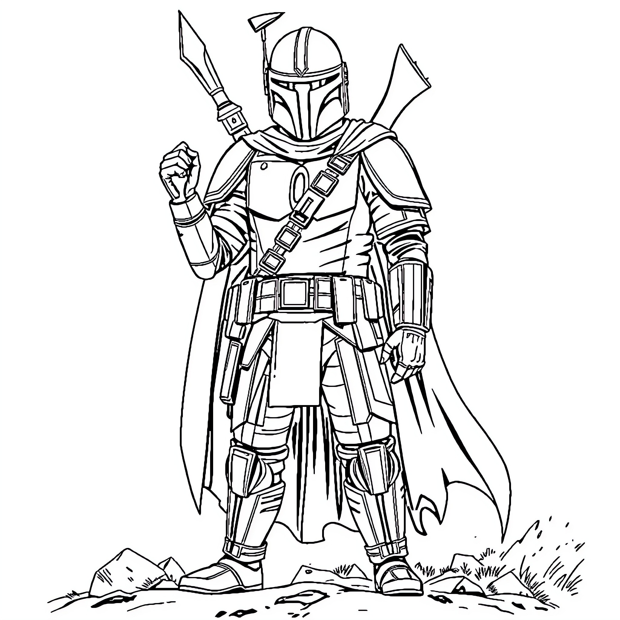 Mandalorian Warrior in Iconic Armor and Stance Coloring Page (free black-and-white line drawing printable PDF for all, from beginners to advanced learners, including children, teens, adults, and seniors)