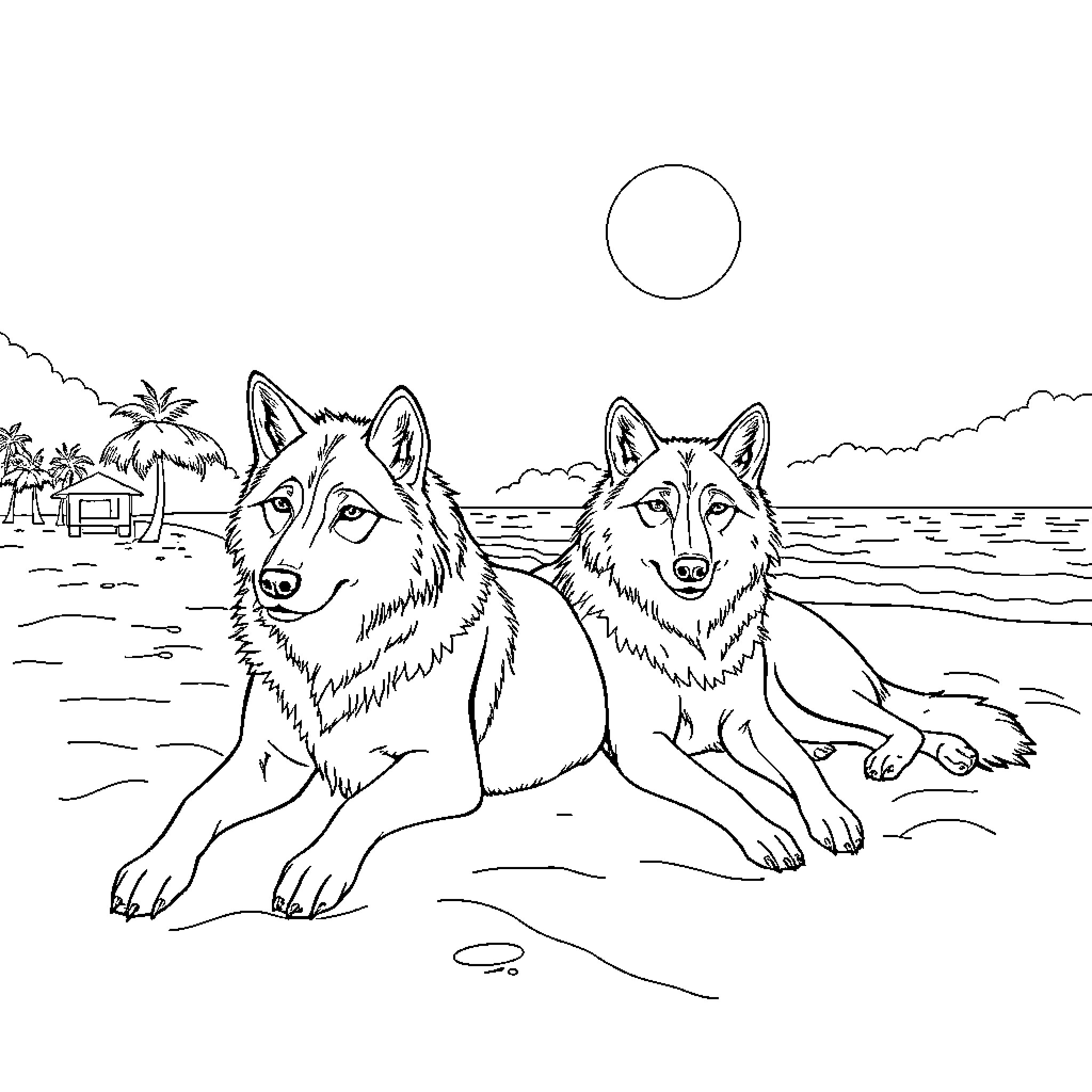 Wolf Pair Resting on Beach at Sunset Coloring Page (free black-and-white line drawing printable PDF for all, from beginners to advanced learners, including children, teens, adults, and seniors)