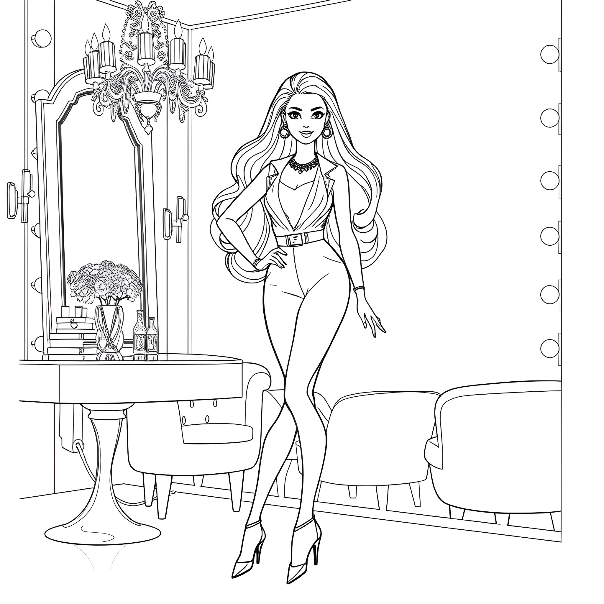 Barbie posing elegantly in a glamorous setting Coloring Page (free black-and-white line drawing printable PDF for all, from beginners to advanced learners, including children, teens, adults, and seniors)