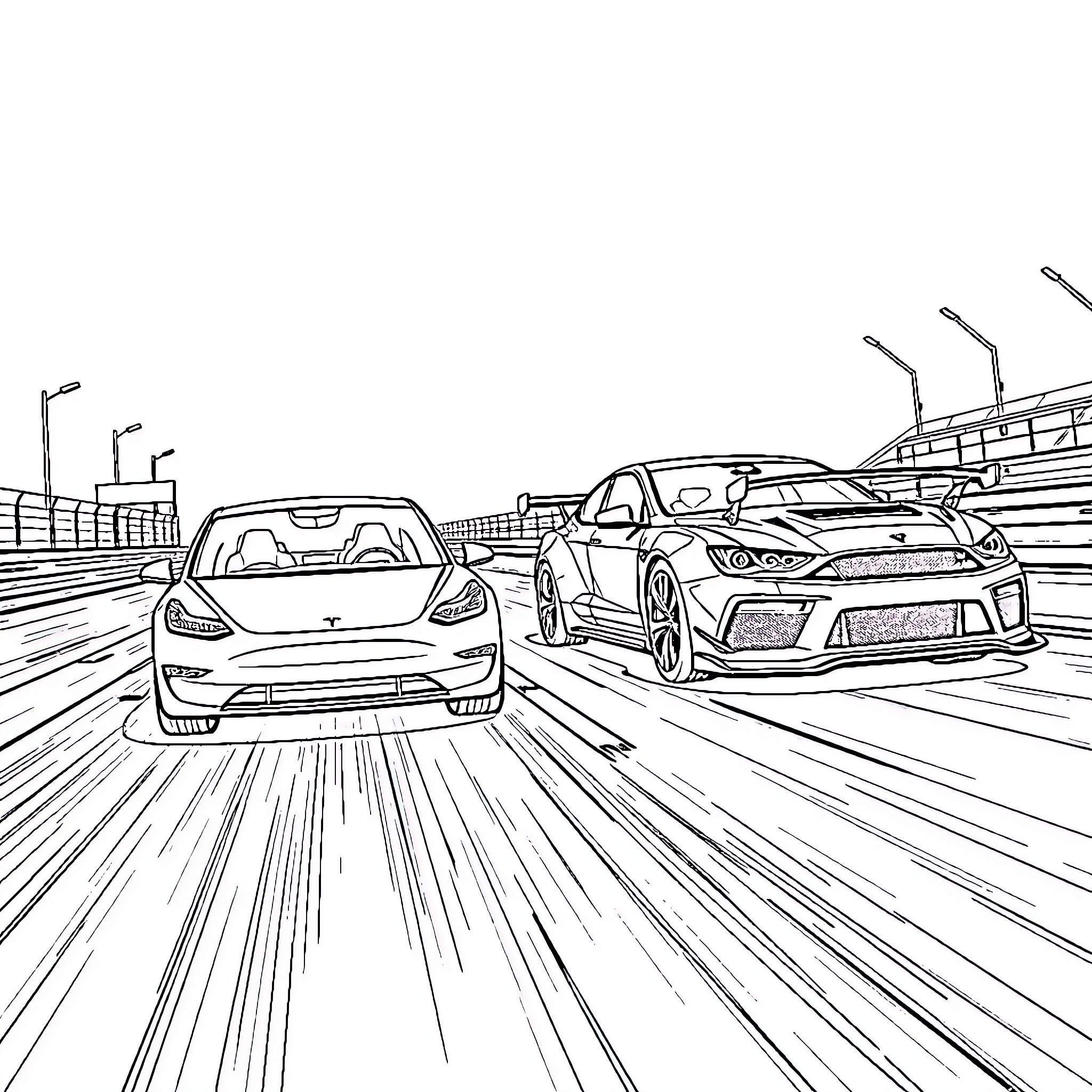 Tesla racing cars speeding on the track Coloring Page (free black-and-white line drawing printable PDF for all, from beginners to advanced learners, including children, teens, adults, and seniors)