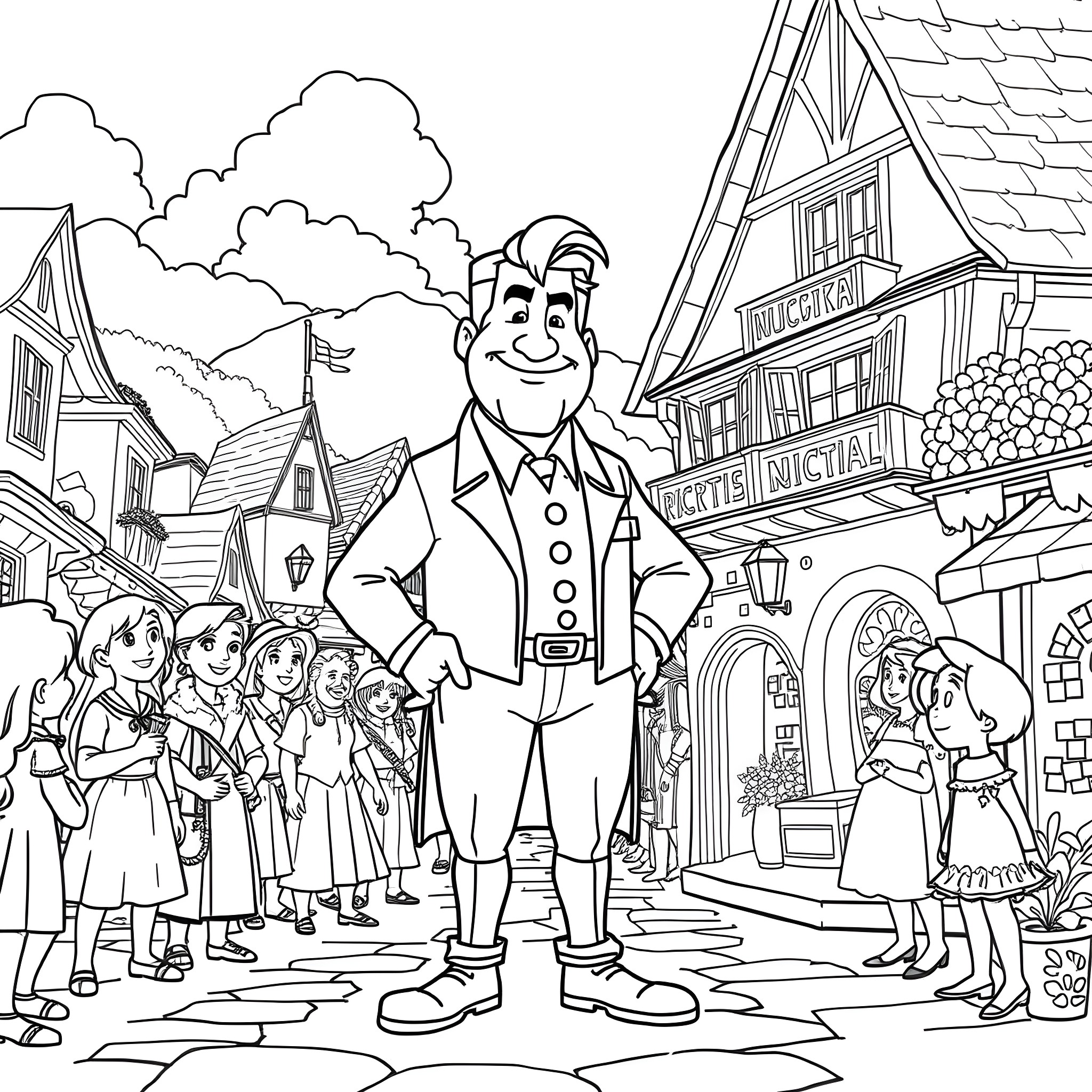 Gastón greeting the villagers in the town square Coloring Page (free black-and-white line drawing printable PDF for all, from beginners to advanced learners, including children, teens, adults, and seniors)