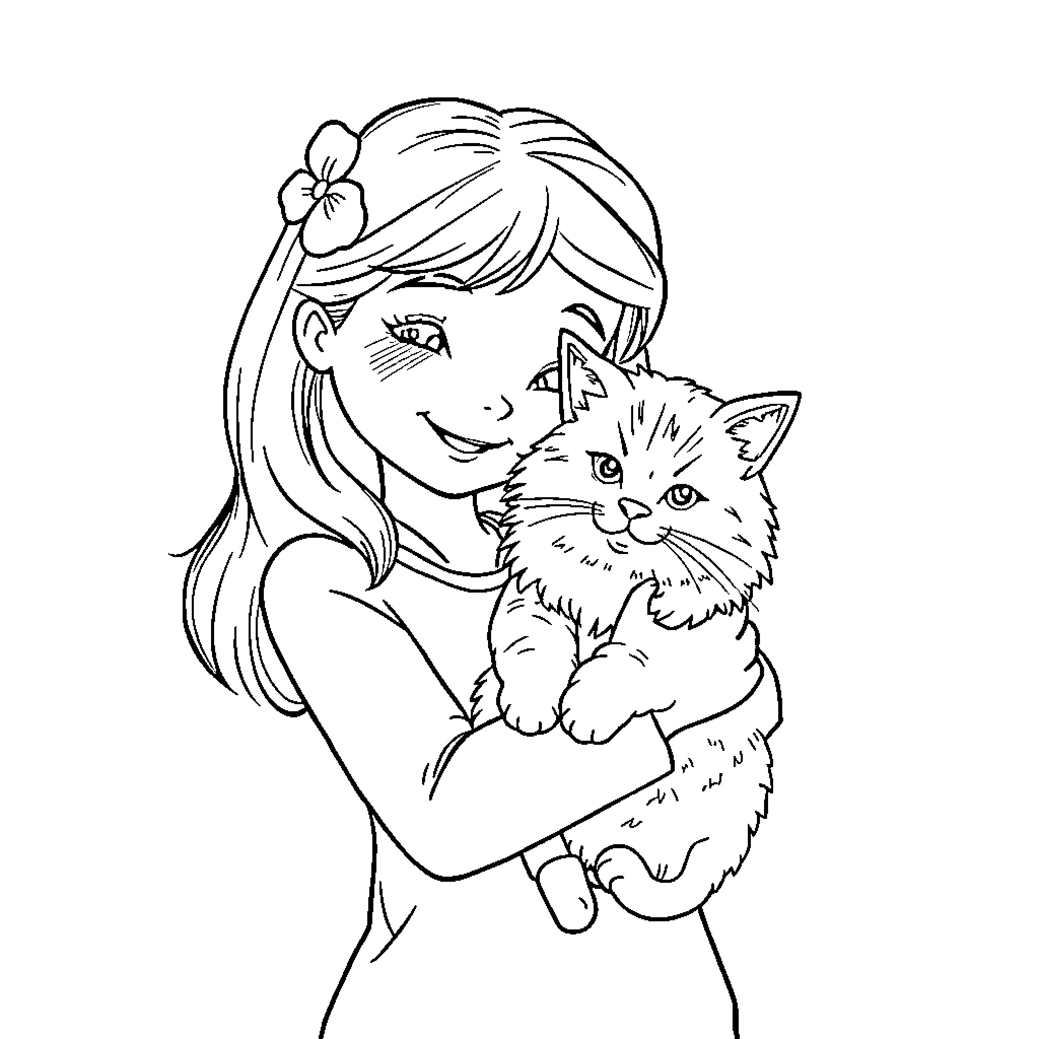 Cat held lovingly by smiling girl Coloring Page (free black-and-white line drawing printable PDF for all, from beginners to advanced learners, including children, teens, adults, and seniors)