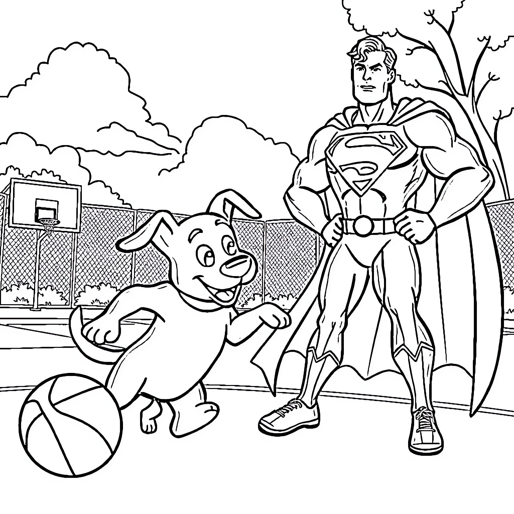 Bluey and Superman in the Park Coloring Page (free black-and-white line drawing printable PDF for all, from beginners to advanced learners, including children, teens, adults, and seniors)