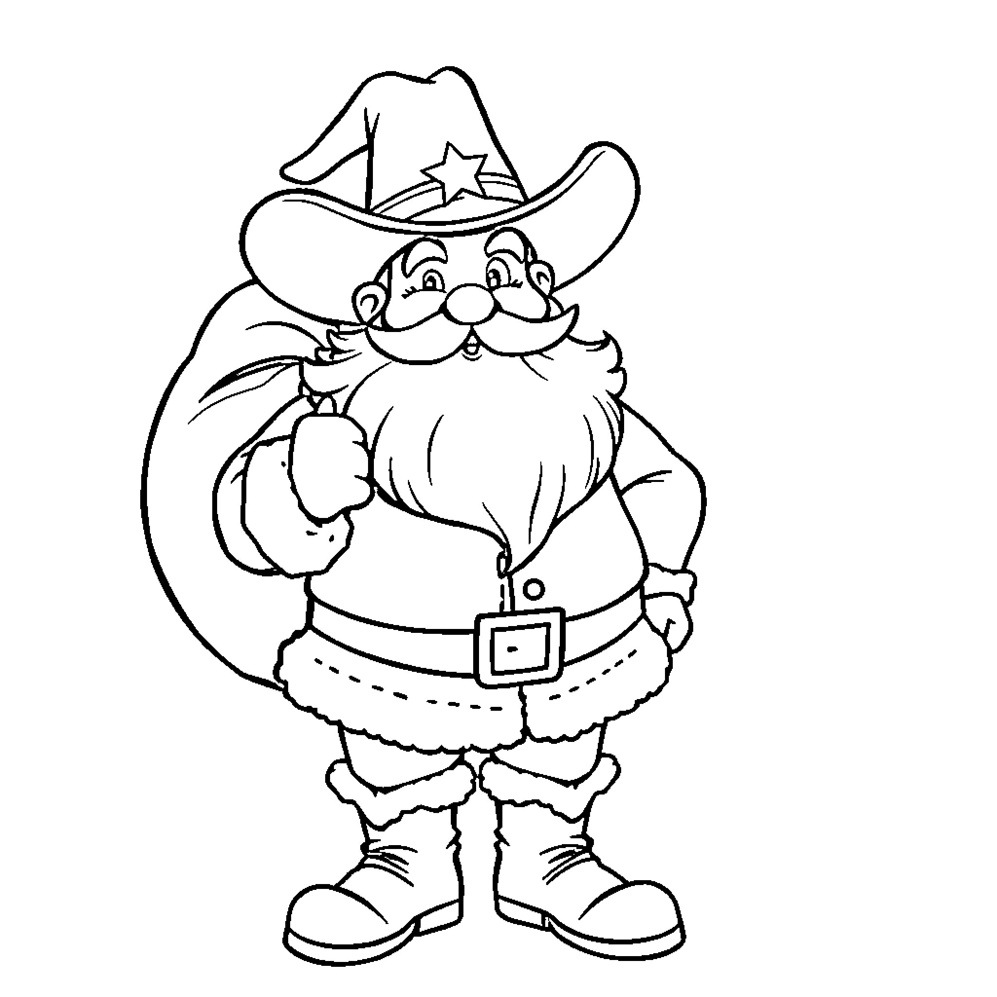 Santa Cowboy Happily Greeting the Viewer Coloring Page (free black-and-white line drawing printable PDF for all, from beginners to advanced learners, including children, teens, adults, and seniors)