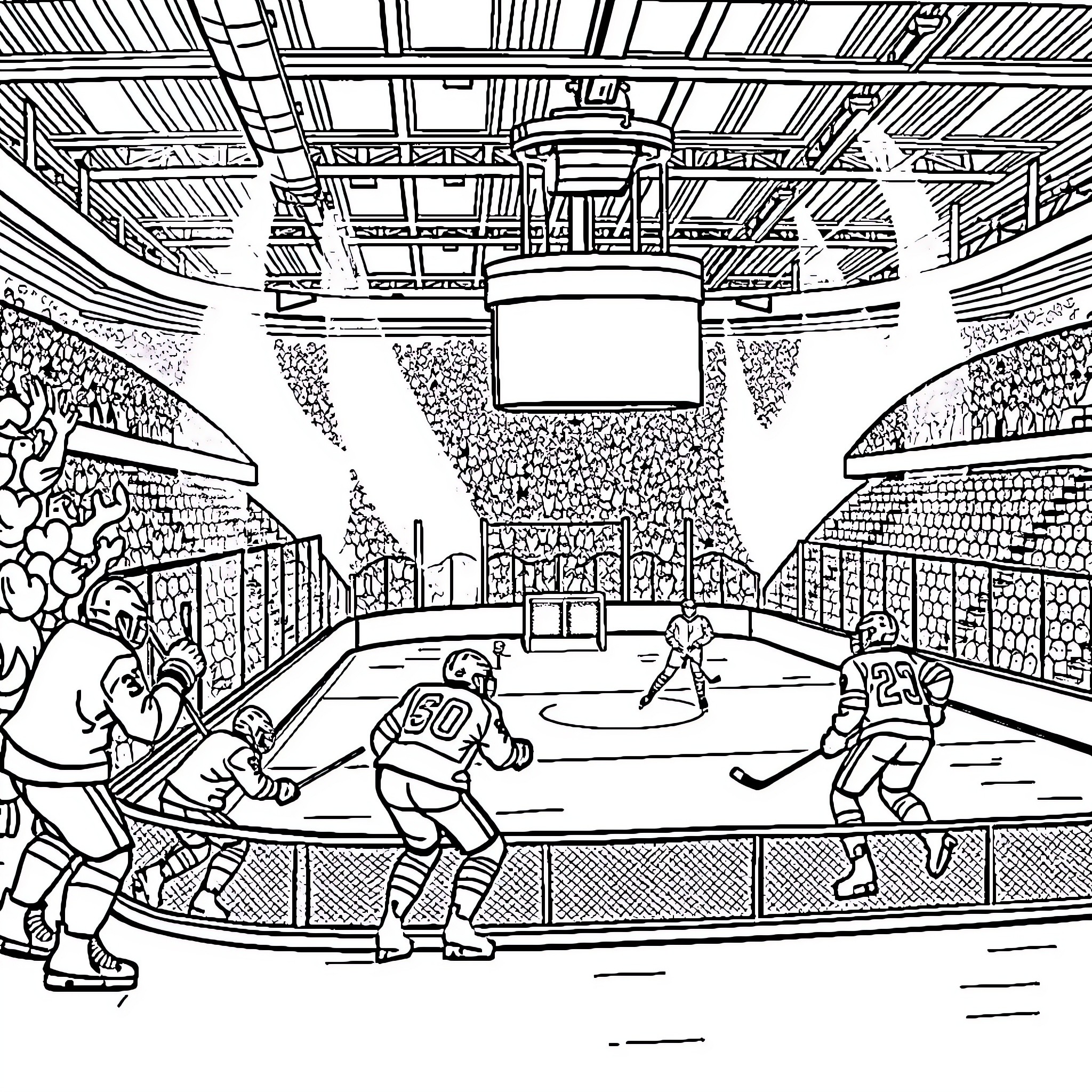 Hockey players competing in an arena Coloring Page (free black-and-white line drawing printable PDF for all, from beginners to advanced learners, including children, teens, adults, and seniors)