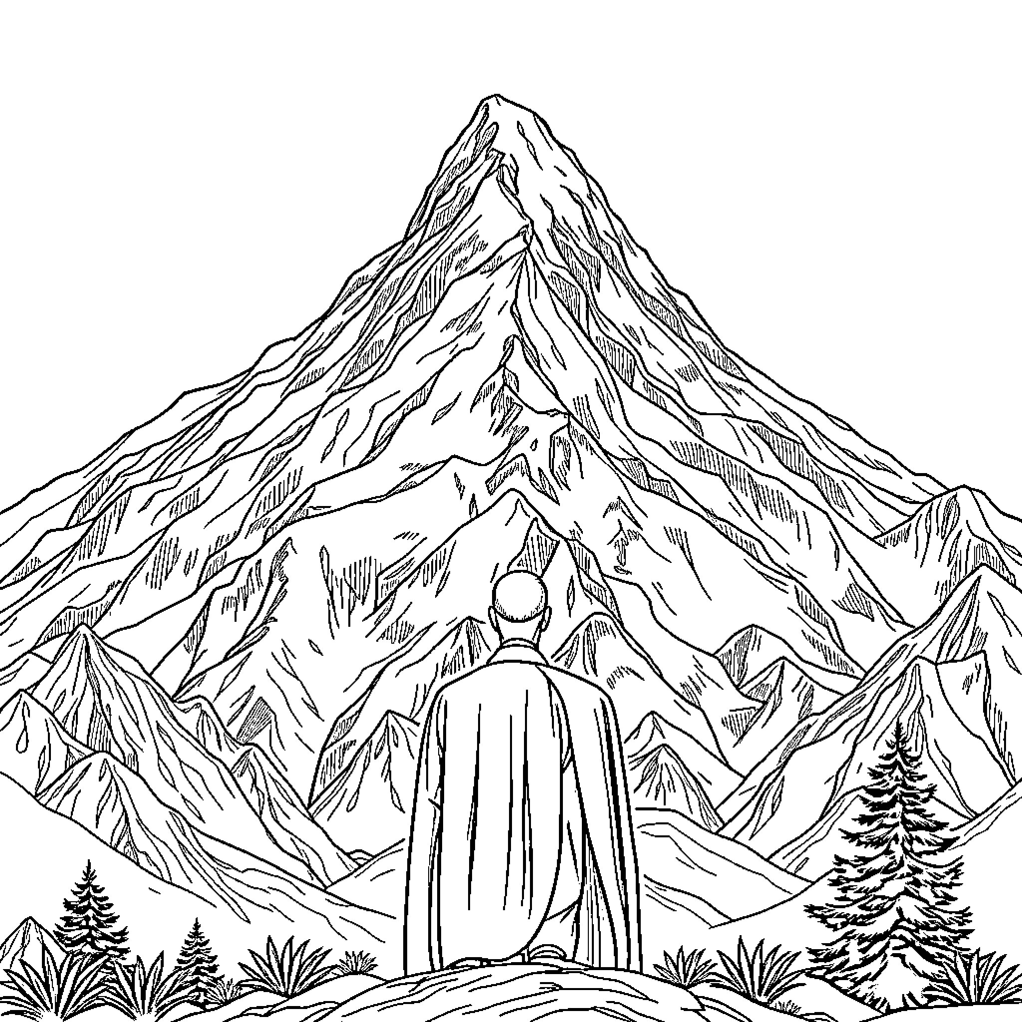 Mohammadreza Shah Pahlavi overlooking majestic mountains Coloring Page (free black-and-white line drawing printable PDF for all, from beginners to advanced learners, including children, teens, adults, and seniors)