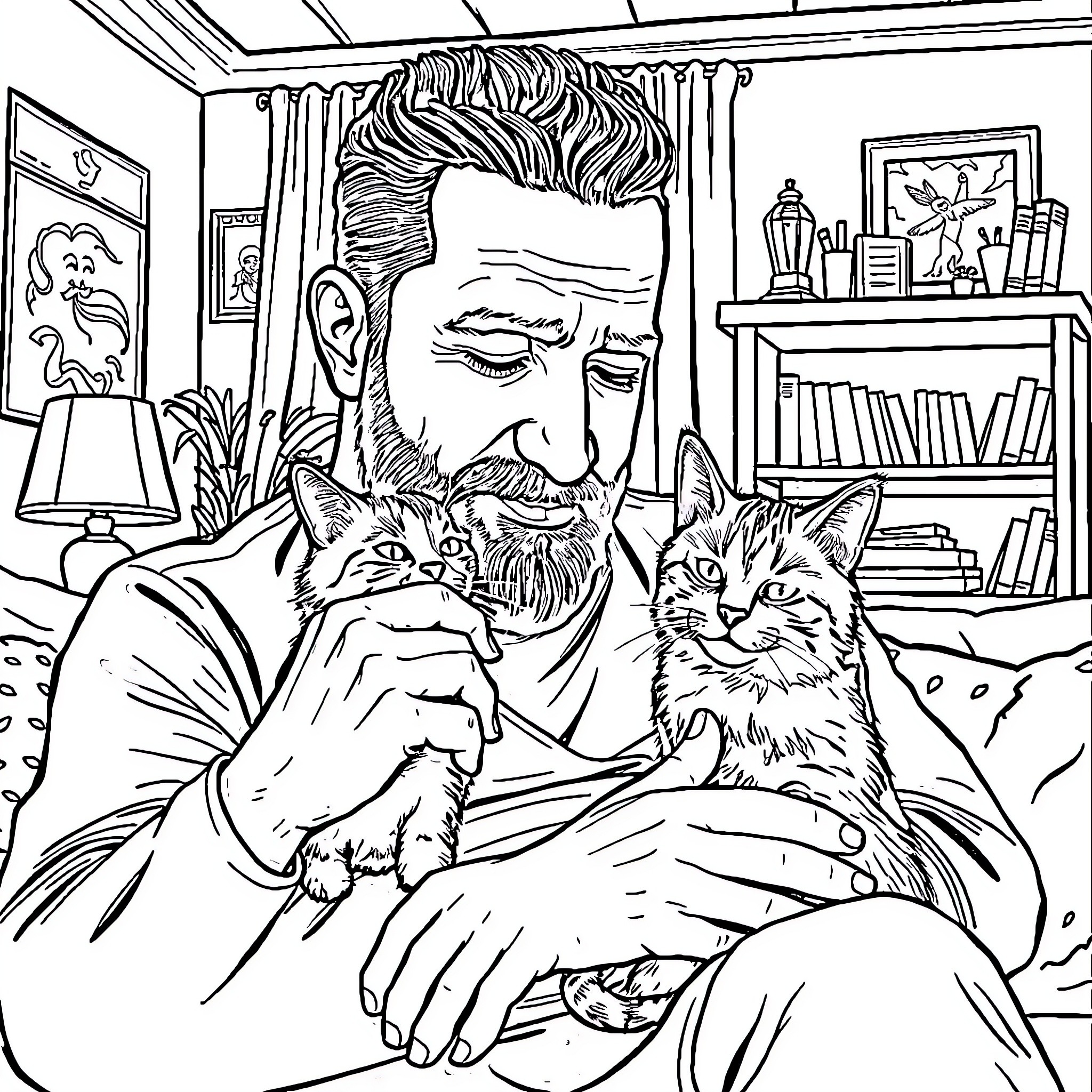 Cat enjoys cozy company of its human friend Coloring Page (free black-and-white line drawing printable PDF for all, from beginners to advanced learners, including children, teens, adults, and seniors)