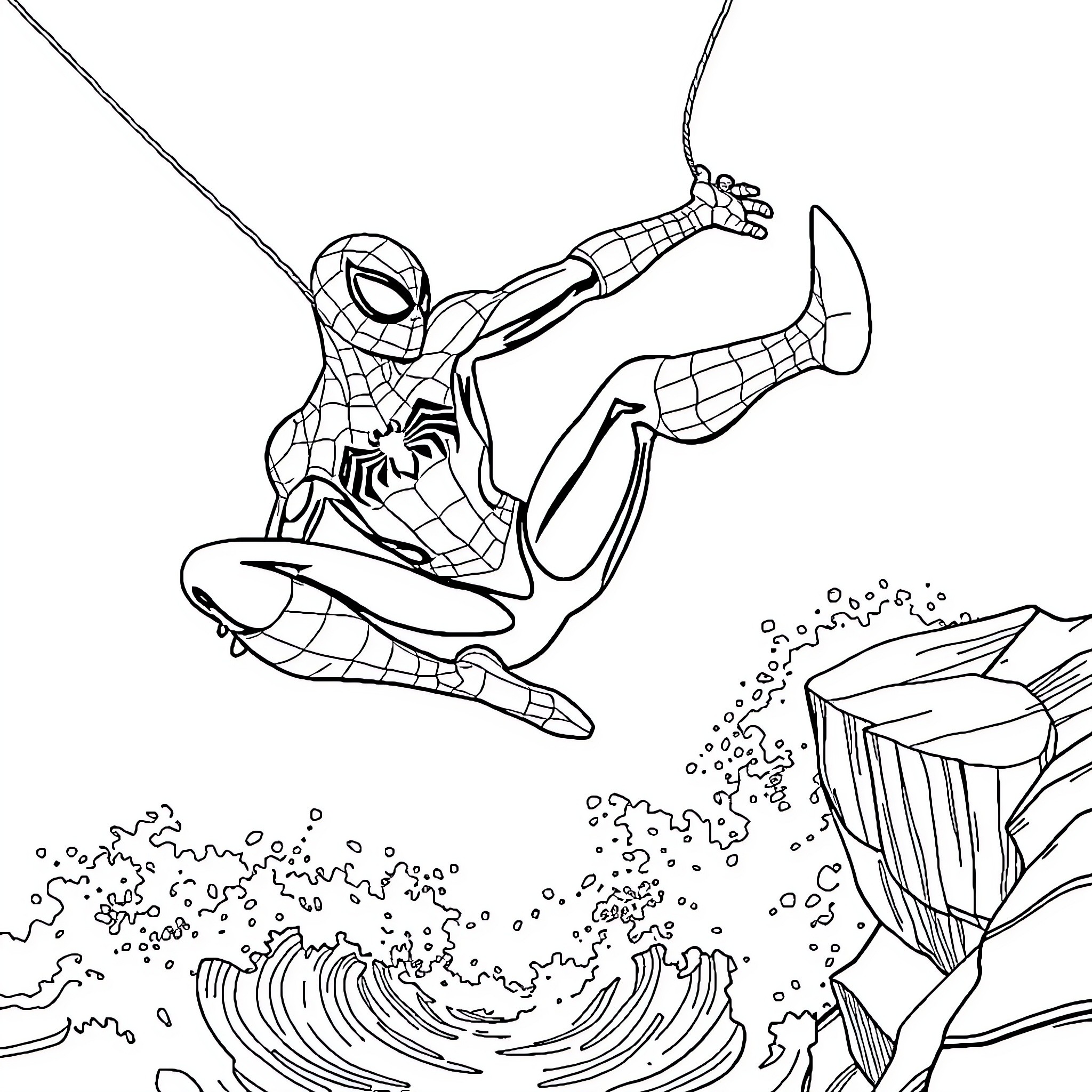 Spiderman leaping into action with web-slinging heroics Coloring Page (free black-and-white line drawing printable PDF for all, from beginners to advanced learners, including children, teens, adults, and seniors)