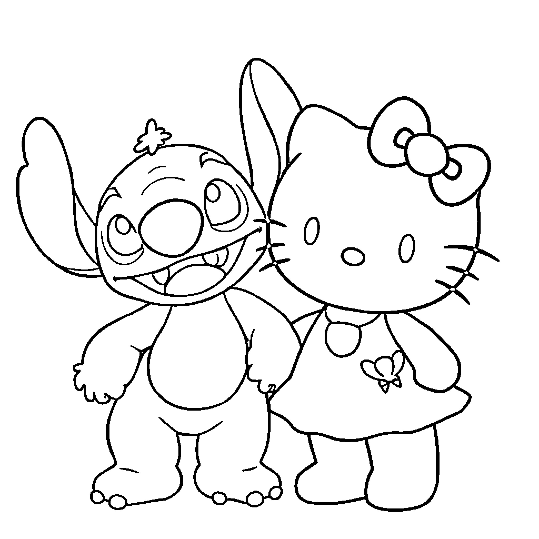 Hello Kitty and Stitch Explore Together Coloring Page (free black-and-white line drawing printable PDF for all, from beginners to advanced learners, including children, teens, adults, and seniors)