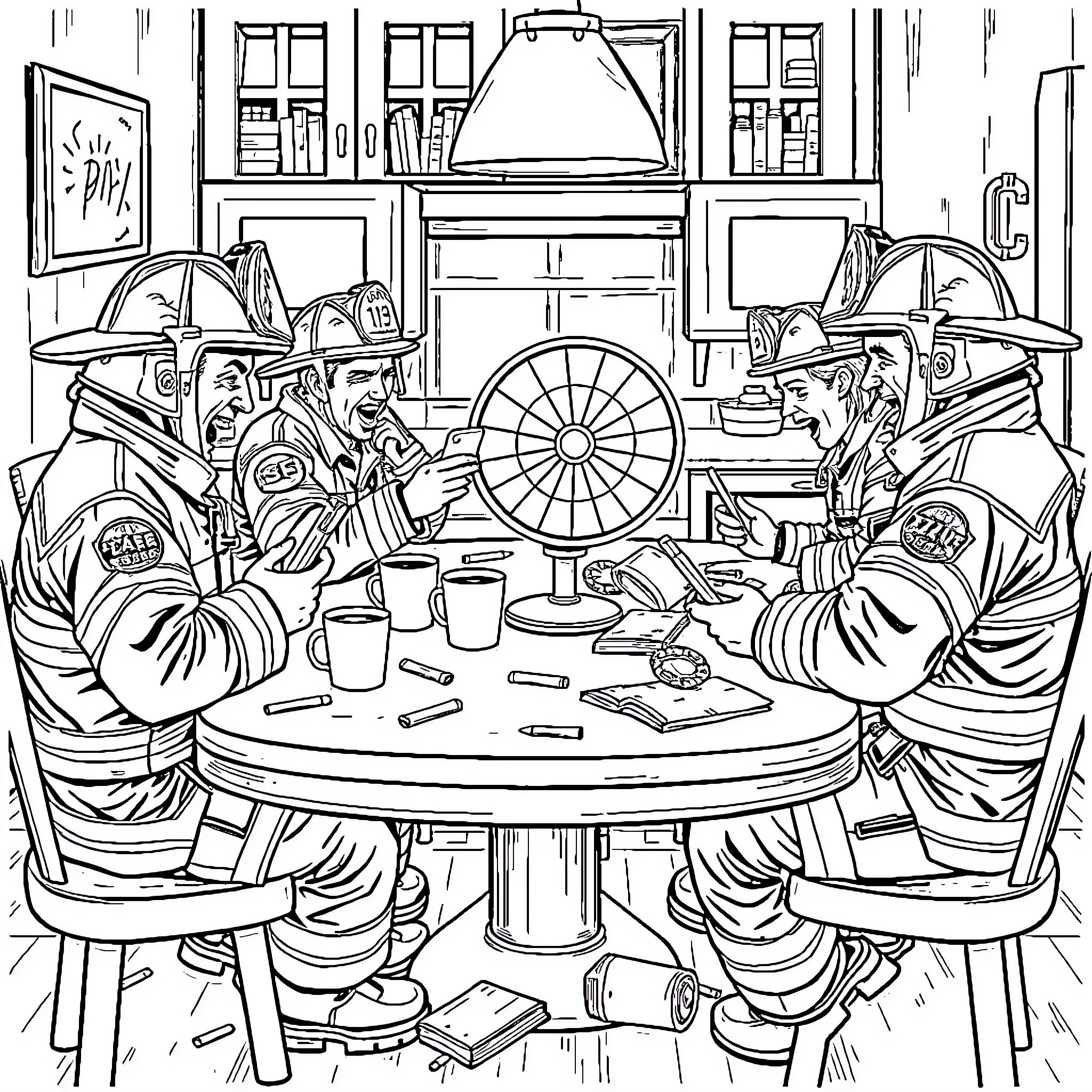 Firefighters Discussing Strategies in the Firehouse Coloring Page (free black-and-white line drawing printable PDF for all, from beginners to advanced learners, including children, teens, adults, and seniors)
