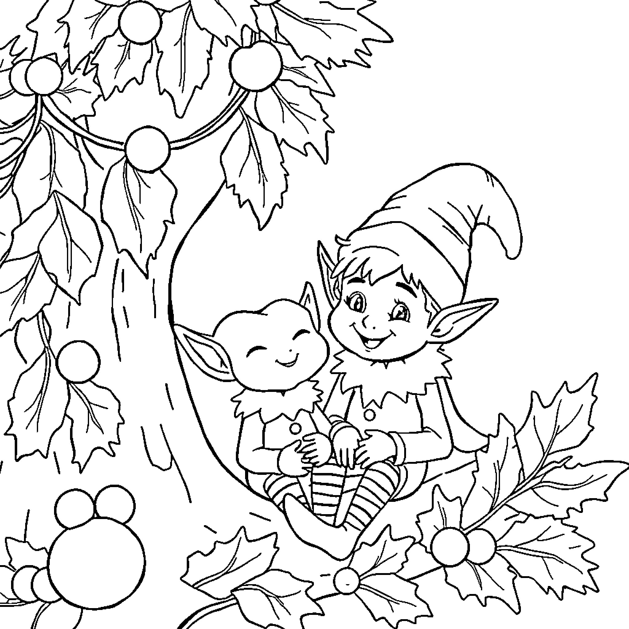 Heart of the Forest Elves Coloring Page (free black-and-white line drawing printable PDF for all, from beginners to advanced learners, including children, teens, adults, and seniors)