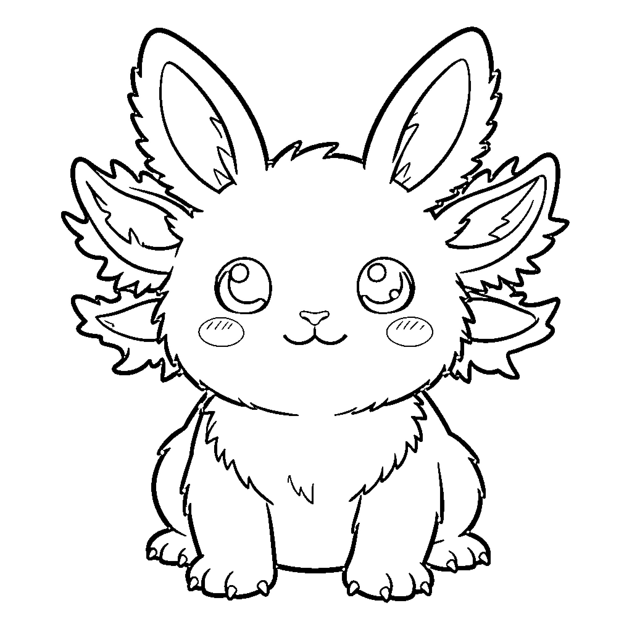 Cat Bunny Axolotl in cute expression Coloring Page (free black-and-white line drawing printable PDF for all, from beginners to advanced learners, including children, teens, adults, and seniors)
