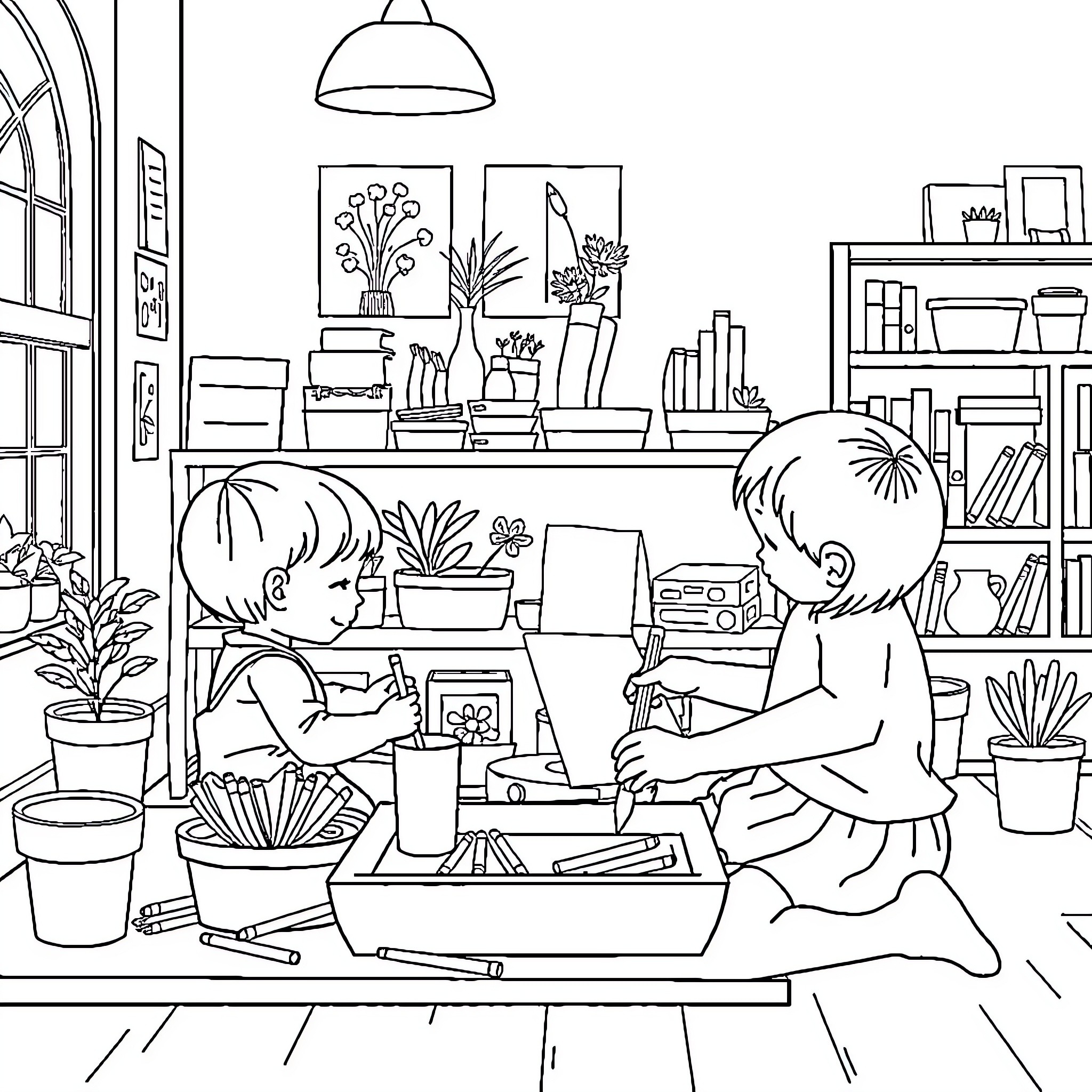 Montessori Children Engaged in Educational Activities Coloring Page (free black-and-white line drawing printable PDF for all, from beginners to advanced learners, including children, teens, adults, and seniors)