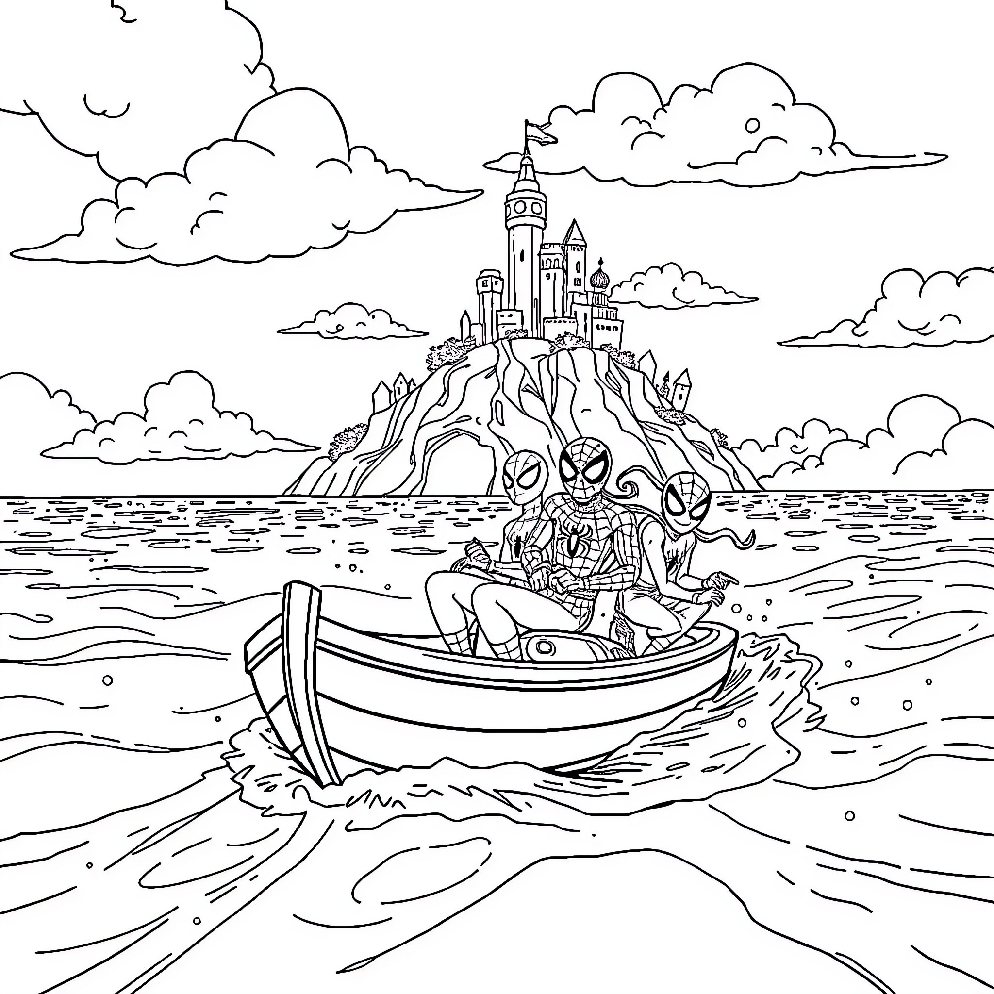 Spidey's Aquatic Adventure Coloring Page (free black-and-white line drawing printable PDF for all, from beginners to advanced learners, including children, teens, adults, and seniors)