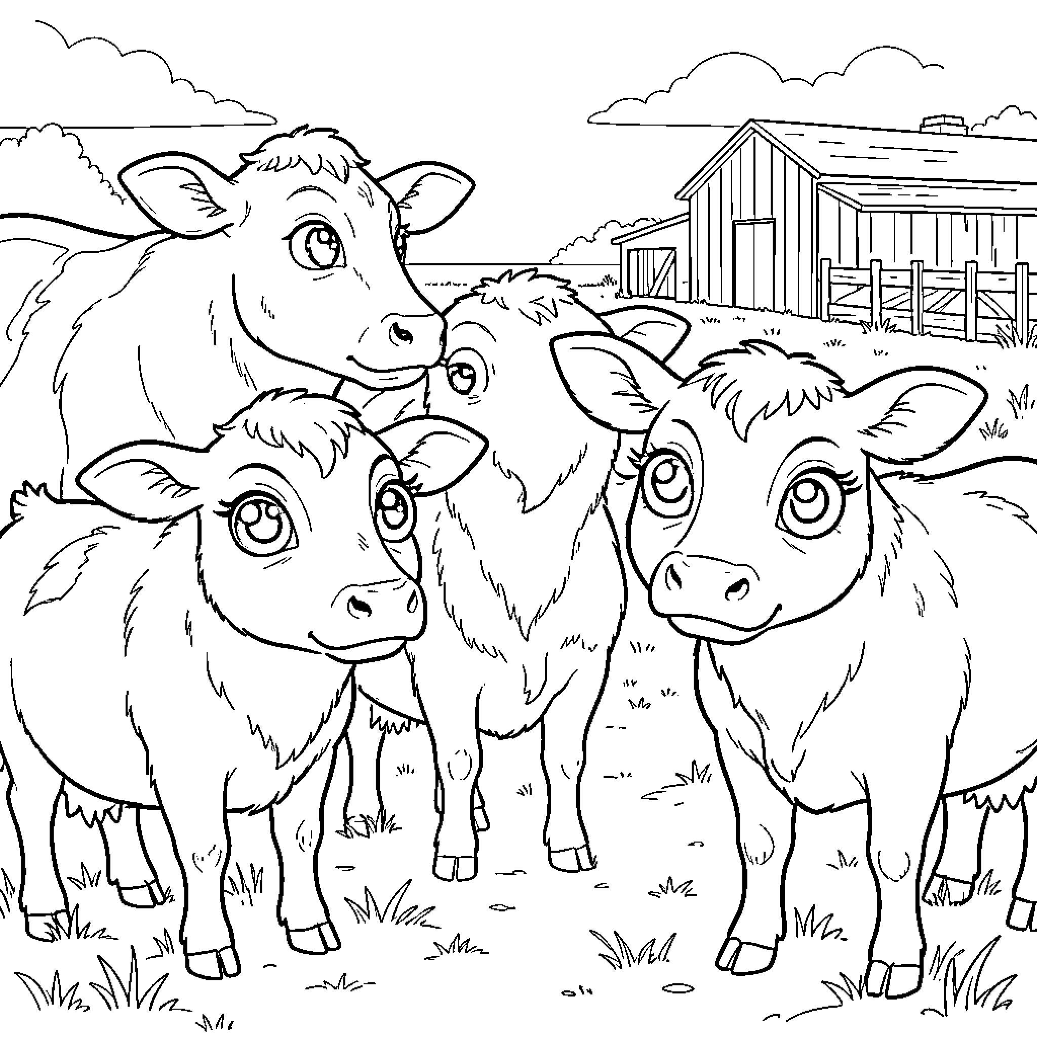 Farm Animals Grazing in a Pastoral Scene Coloring Page (free black-and-white line drawing printable PDF for all, from beginners to advanced learners, including children, teens, adults, and seniors)