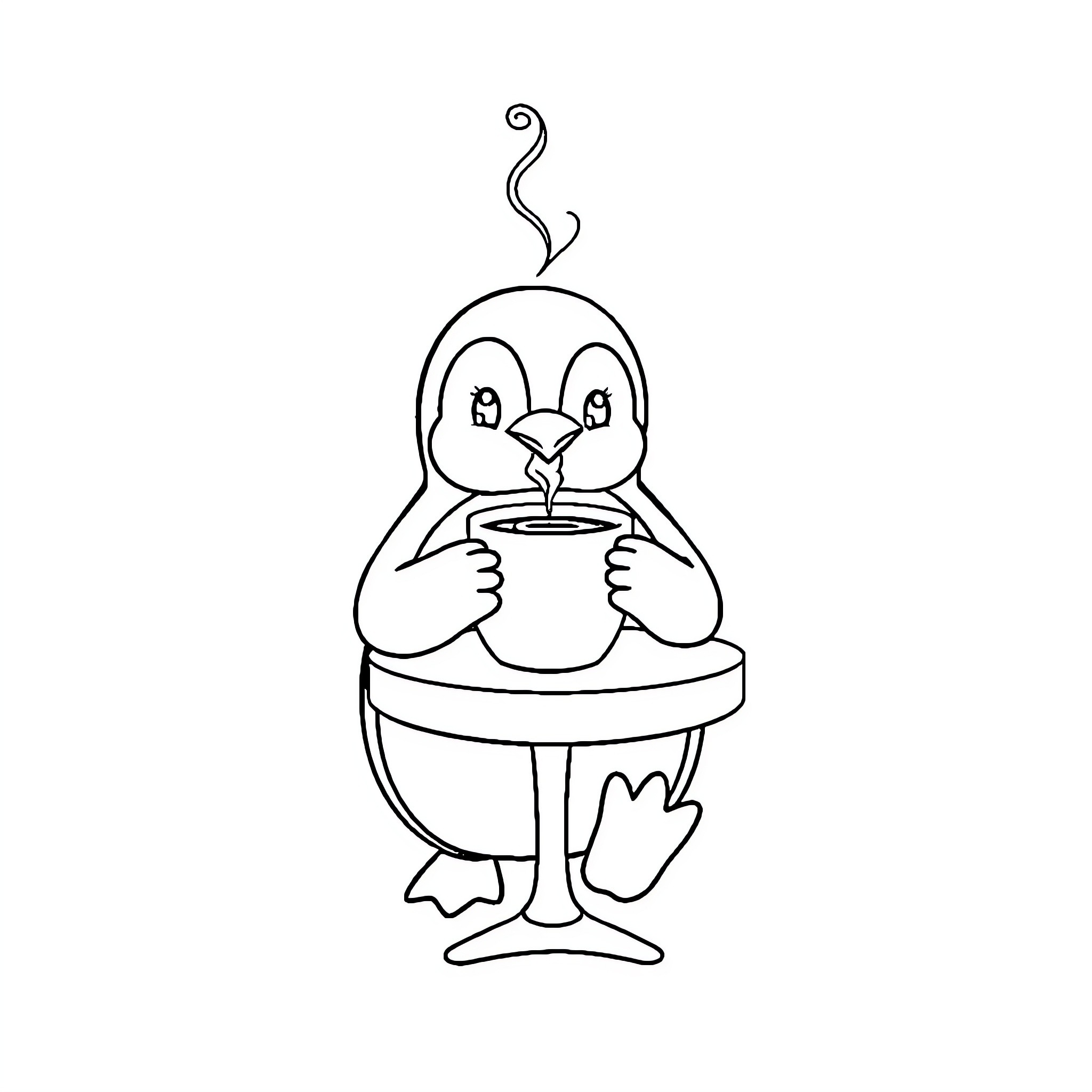 Penguin enjoying a hot beverage Coloring Page (free black-and-white line drawing printable PDF for all, from beginners to advanced learners, including children, teens, adults, and seniors)