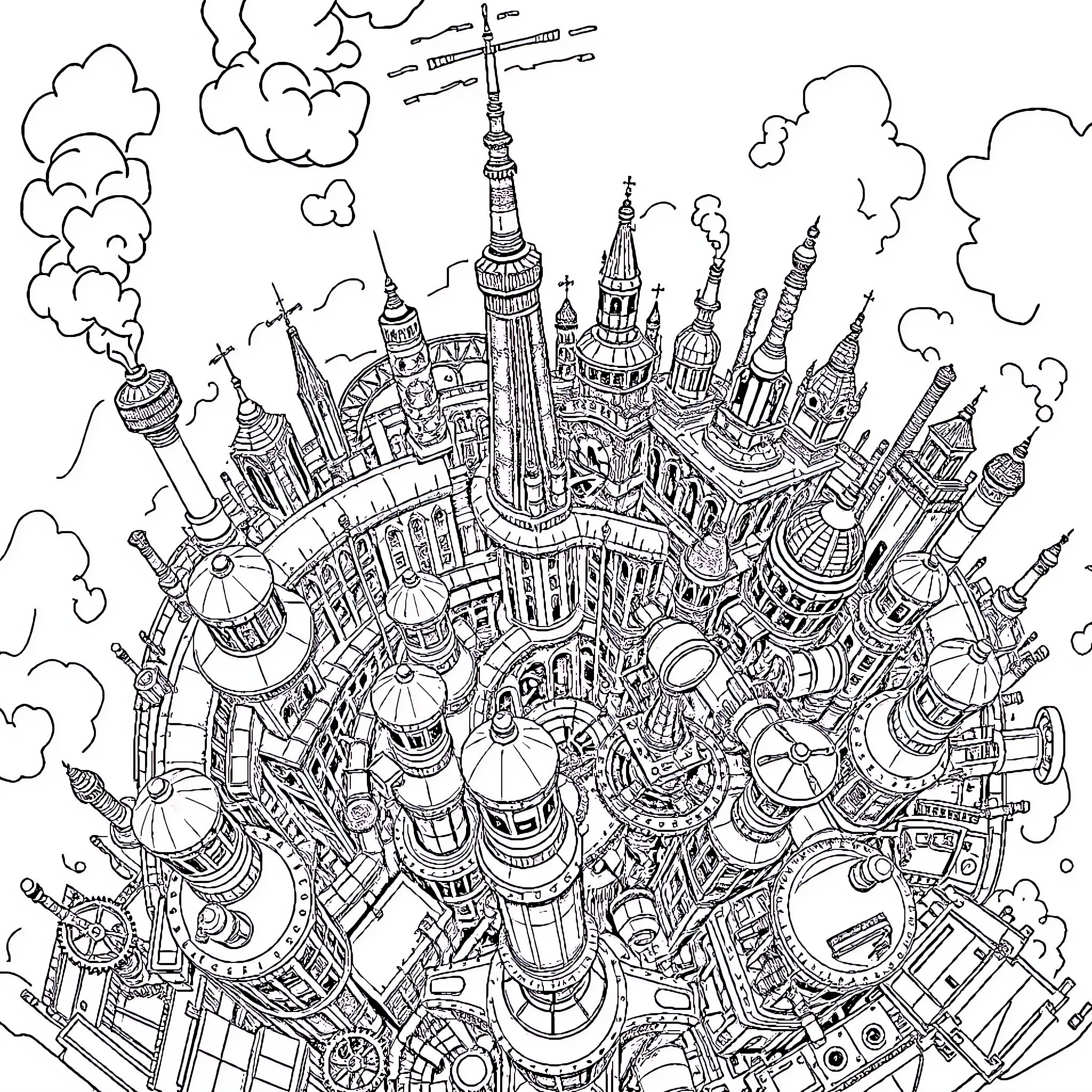 City of fantastical architecture and imagination Coloring Page (free black-and-white line drawing printable PDF for all, from beginners to advanced learners, including children, teens, adults, and seniors)