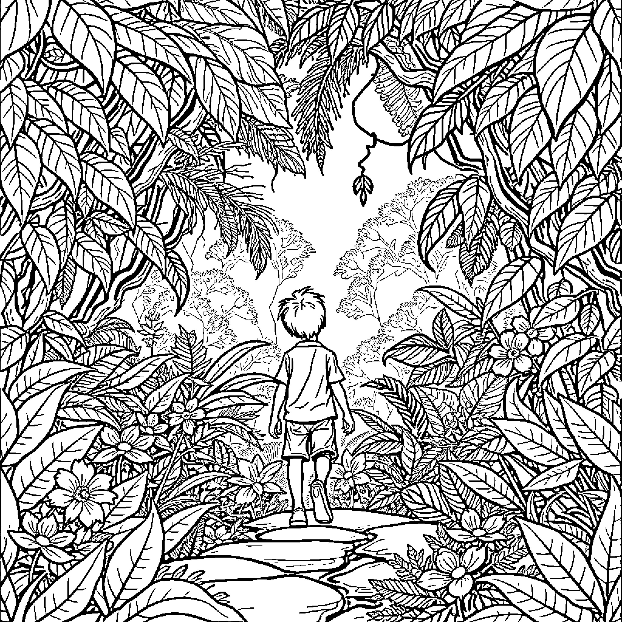 Boy exploring the lush jungle landscape Coloring Page (free black-and-white line drawing printable PDF for all, from beginners to advanced learners, including children, teens, adults, and seniors)