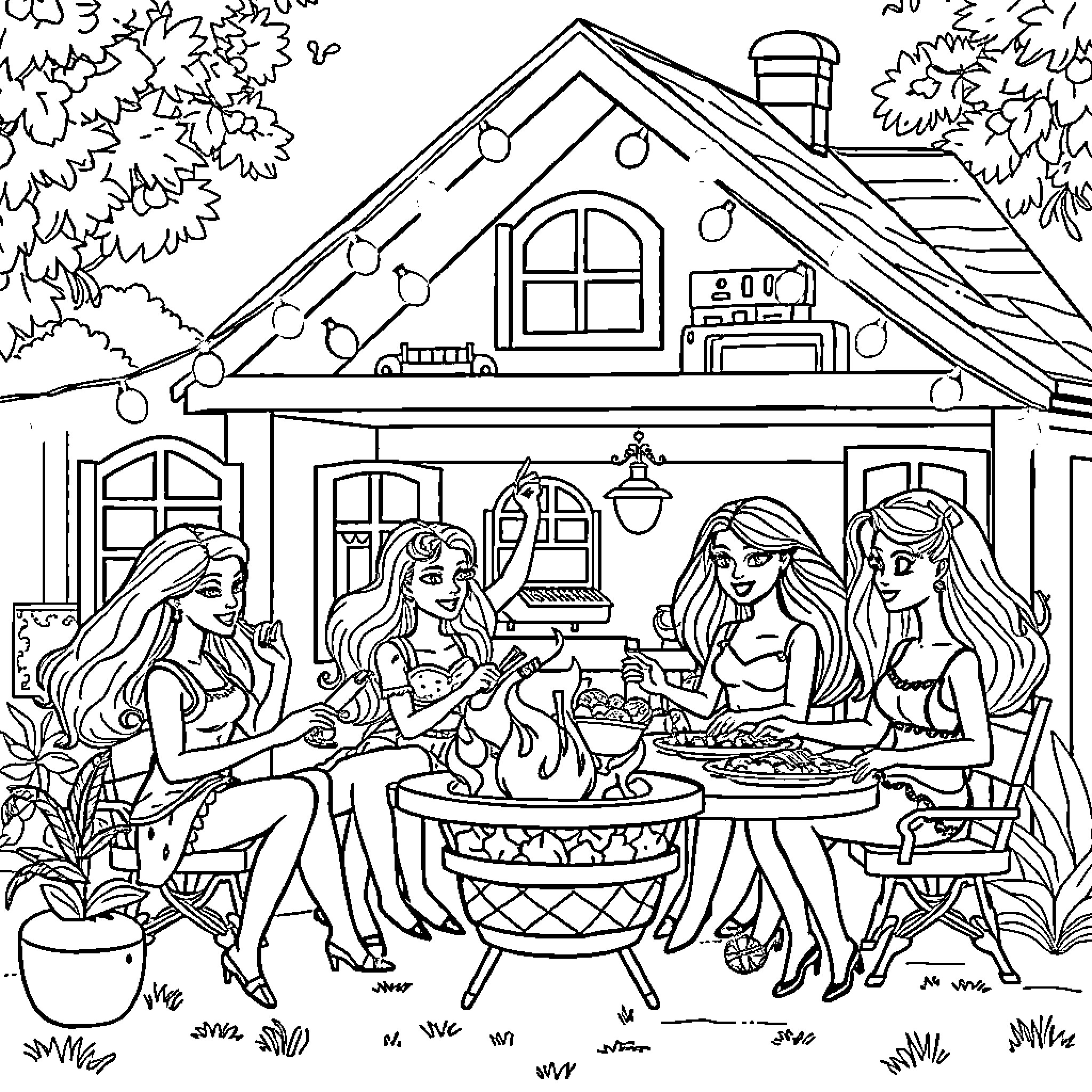 Dollhouse: Glamorous Girls Gather for Outdoor Festivities Coloring Page (free black-and-white line drawing printable PDF for all, from beginners to advanced learners, including children, teens, adults, and seniors)