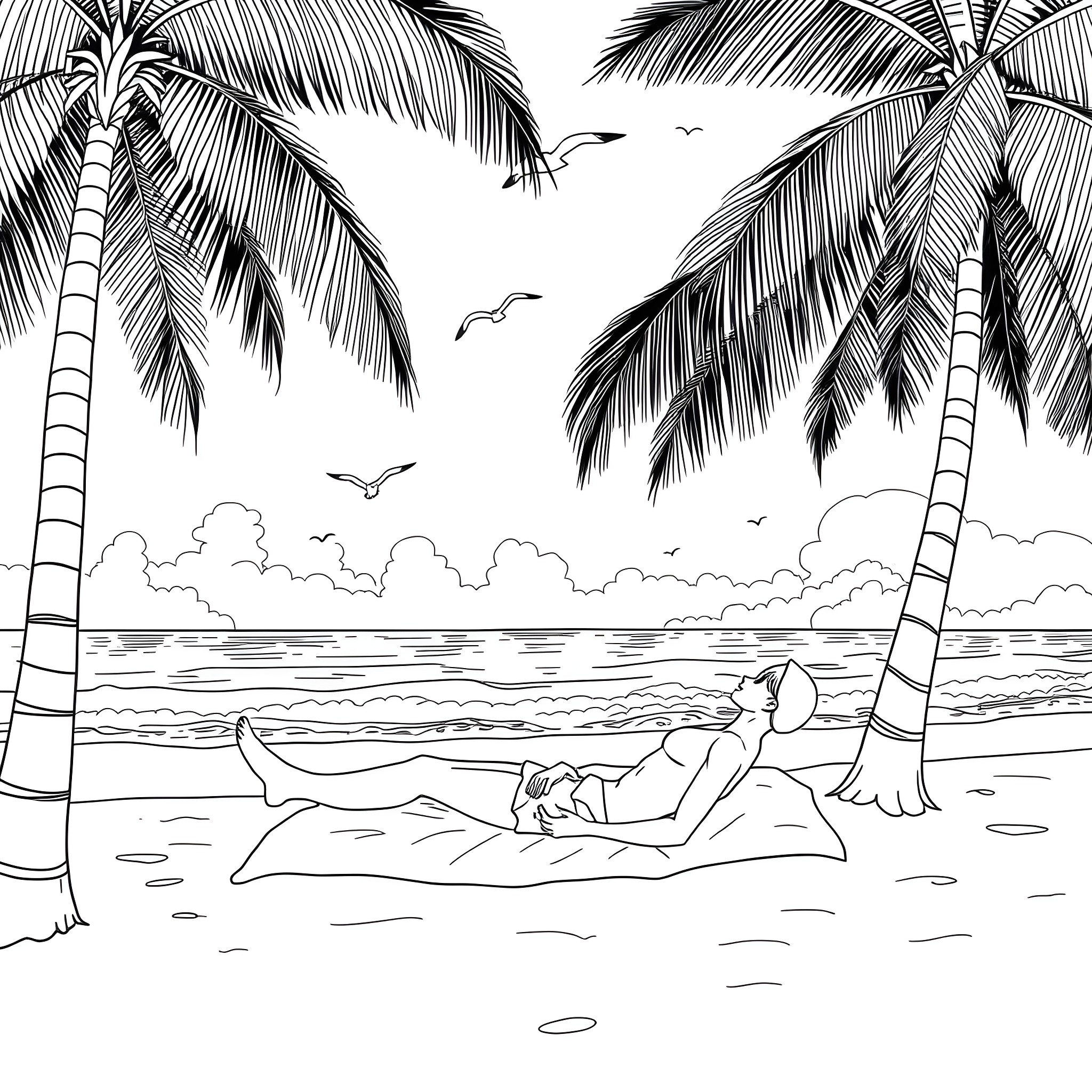 Person relaxing on the beach under palm trees Coloring Page (free black-and-white line drawing printable PDF for all, from beginners to advanced learners, including children, teens, adults, and seniors)