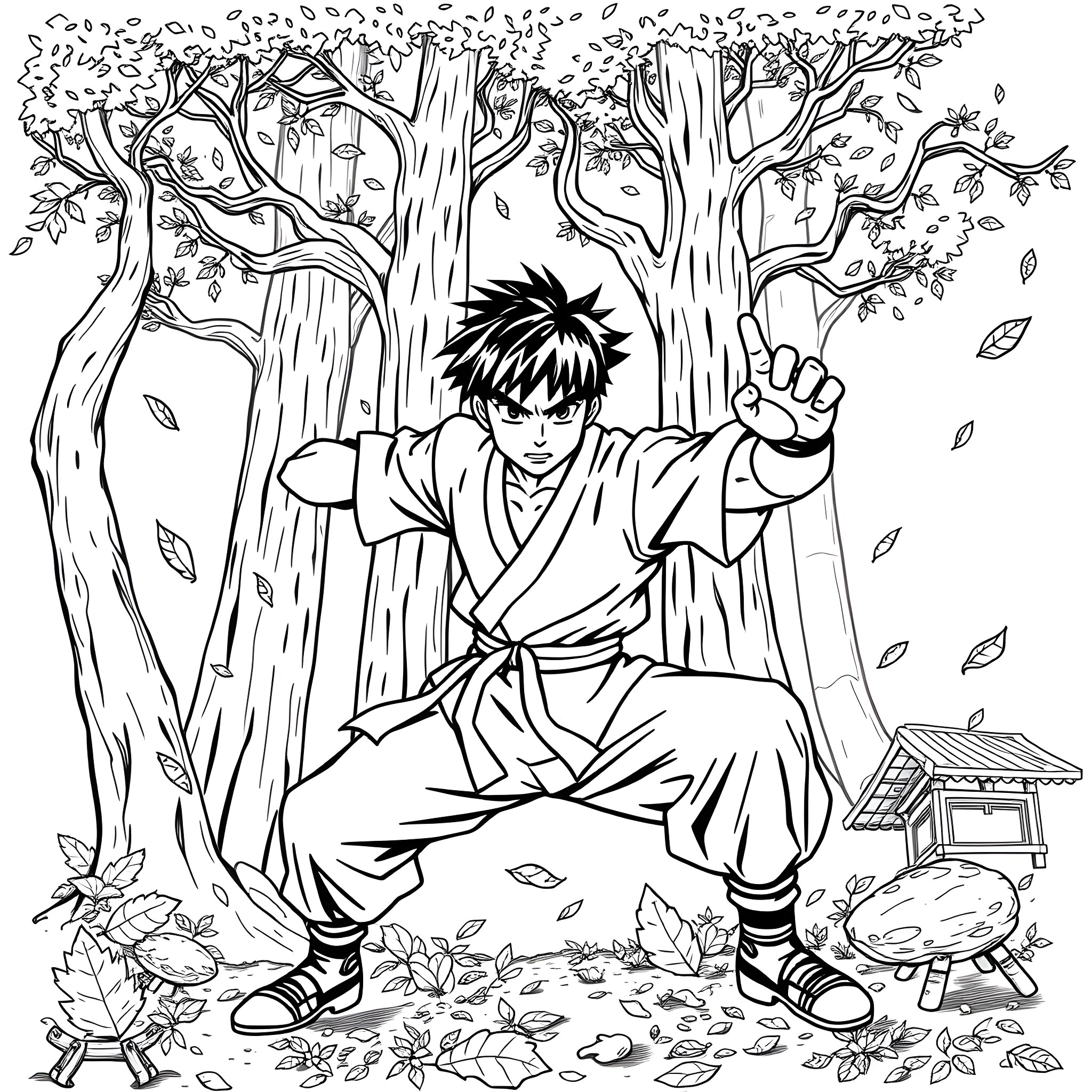 Rock Lee training in the forest Coloring Page (free black-and-white line drawing printable PDF for all, from beginners to advanced learners, including children, teens, adults, and seniors)