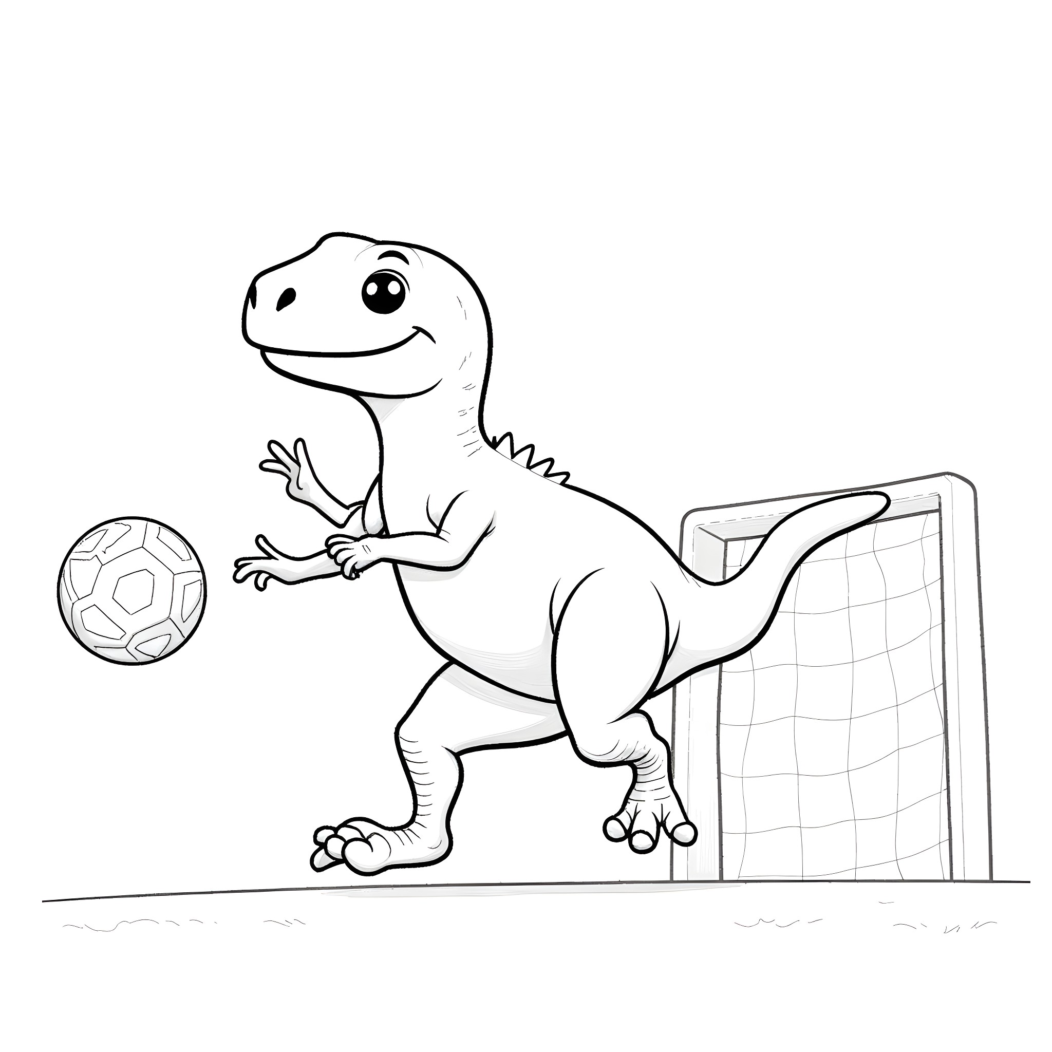 Trex playing soccer with a ball Coloring Page (free black-and-white line drawing printable PDF for all, from beginners to advanced learners, including children, teens, adults, and seniors)
