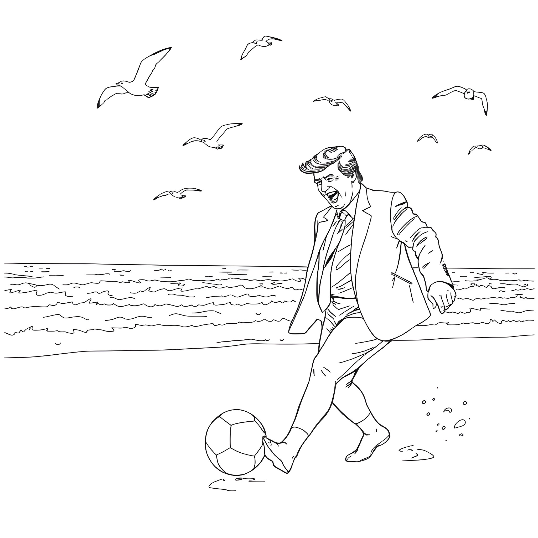 Donald Trump playing with a soccer ball on the beach Coloring Page (free black-and-white line drawing printable PDF for all, from beginners to advanced learners, including children, teens, adults, and seniors)