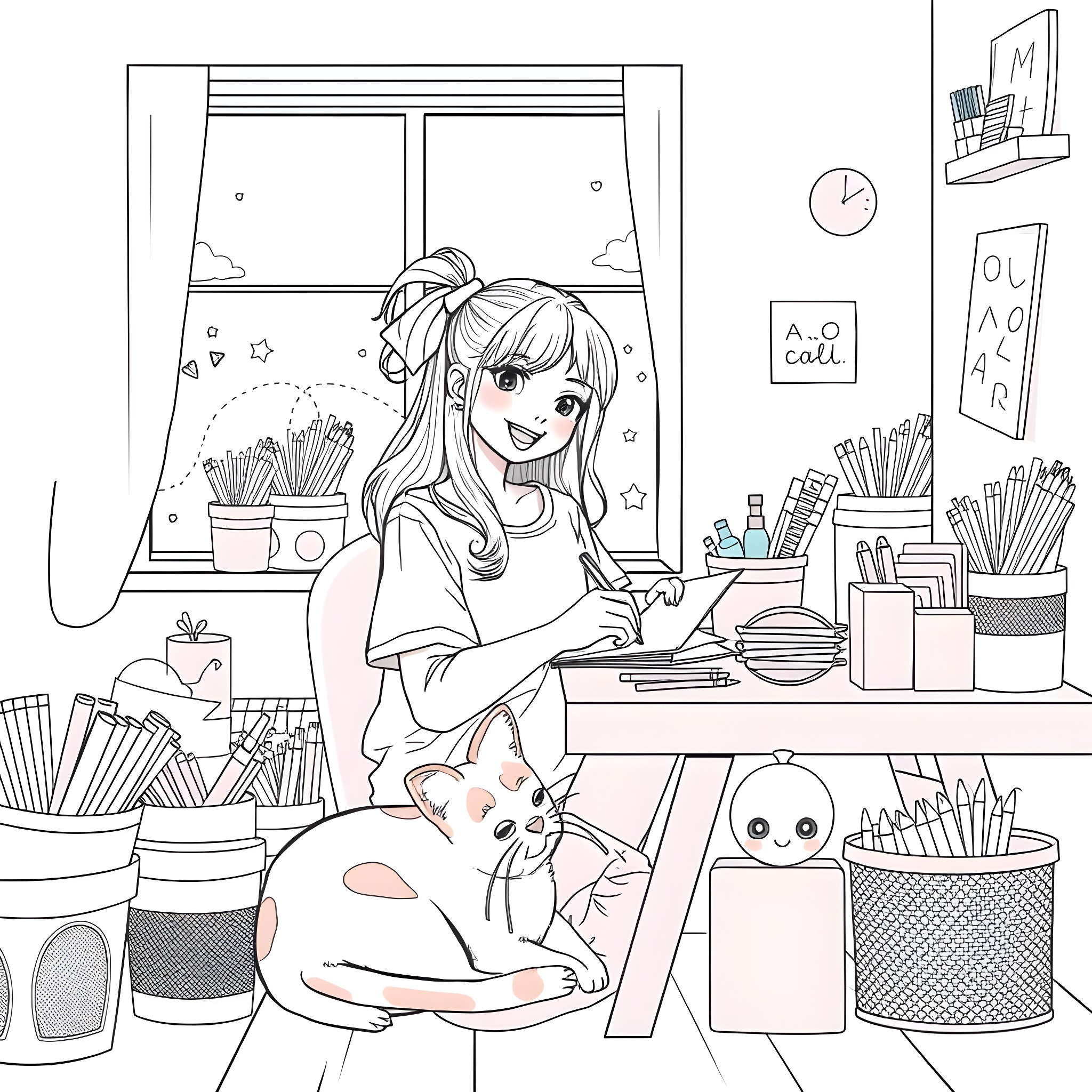 Teen Girl Drawing and Petting Cute Cat in Cozy Room Coloring Page (free black-and-white line drawing printable PDF for all, from beginners to advanced learners, including children, teens, adults, and seniors)