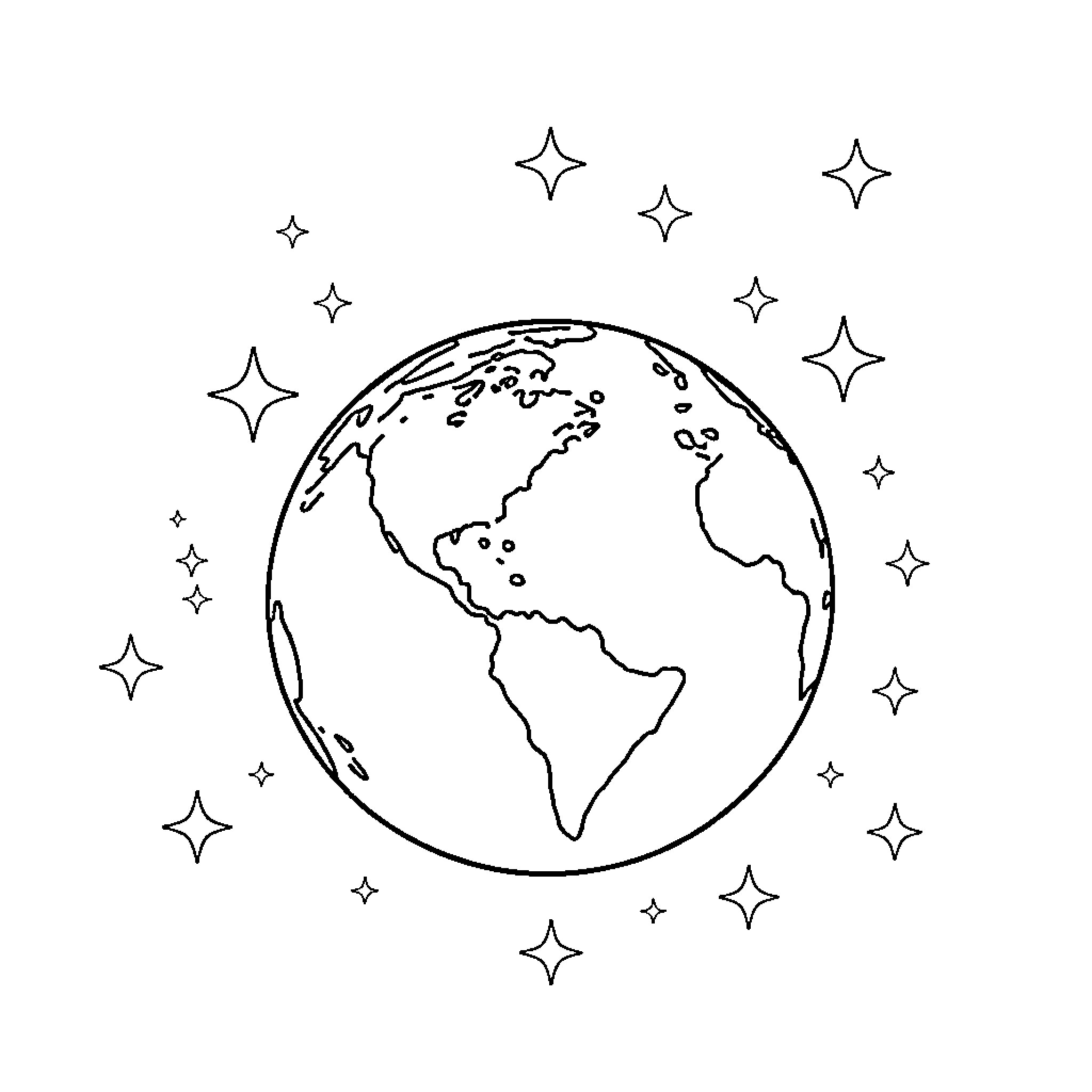 Earth surrounded by shining stars Coloring Page (free black-and-white line drawing printable PDF for all, from beginners to advanced learners, including children, teens, adults, and seniors)