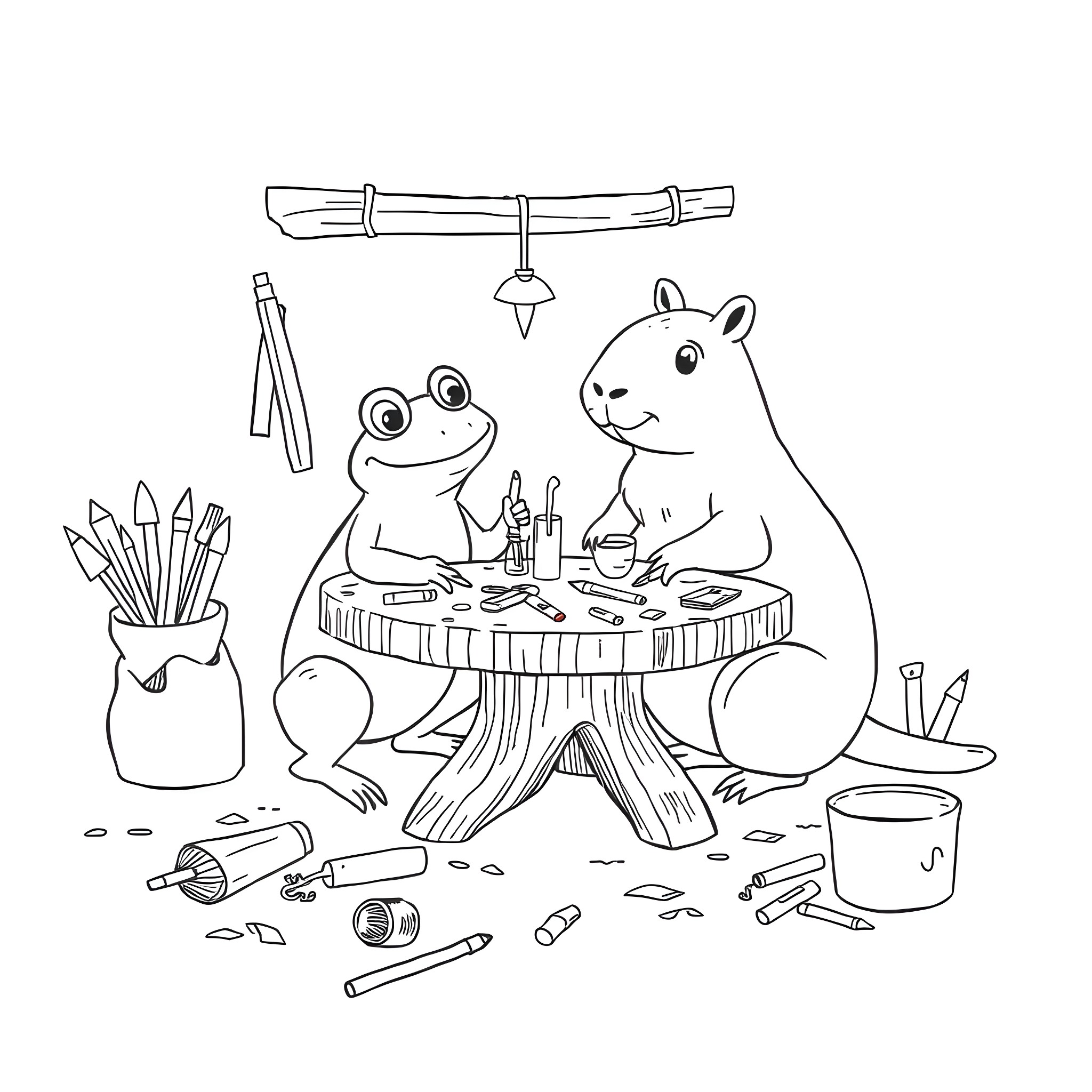 Frog and Hamster Creating Art Together Coloring Page (free black-and-white line drawing printable PDF for all, from beginners to advanced learners, including children, teens, adults, and seniors)
