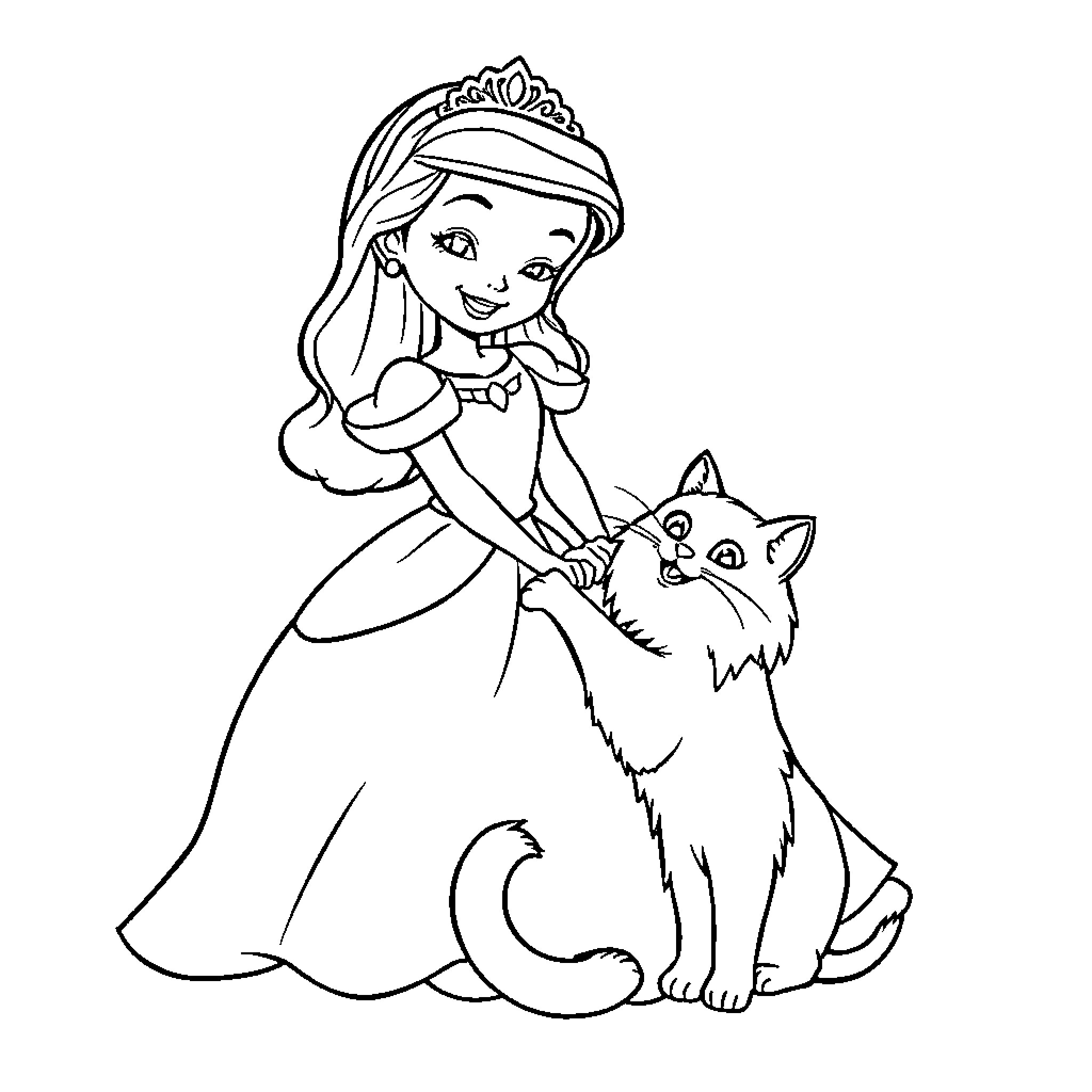 Princess petting a furry companion Coloring Page (free black-and-white line drawing printable PDF for all, from beginners to advanced learners, including children, teens, adults, and seniors)