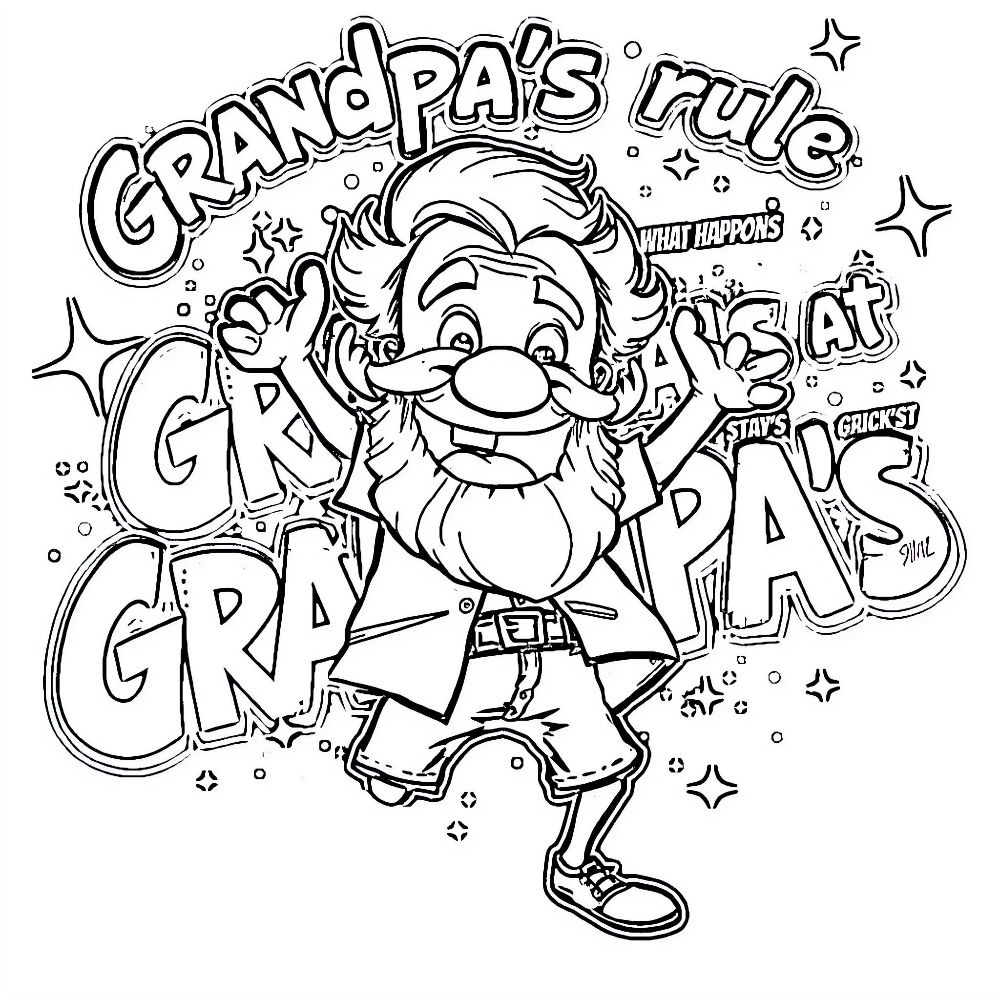 Grandpa's silly antics at family gathering Coloring Page (free black-and-white line drawing printable PDF for all, from beginners to advanced learners, including children, teens, adults, and seniors)