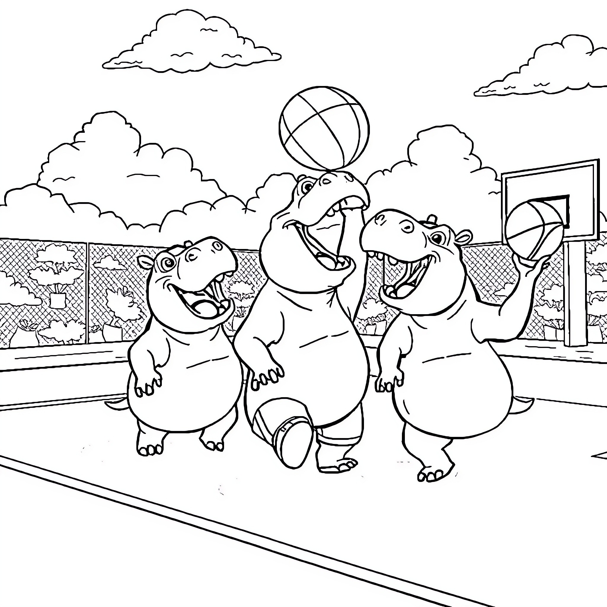 Hippos playing basketball at the park Coloring Page (free black-and-white line drawing printable PDF for all, from beginners to advanced learners, including children, teens, adults, and seniors)