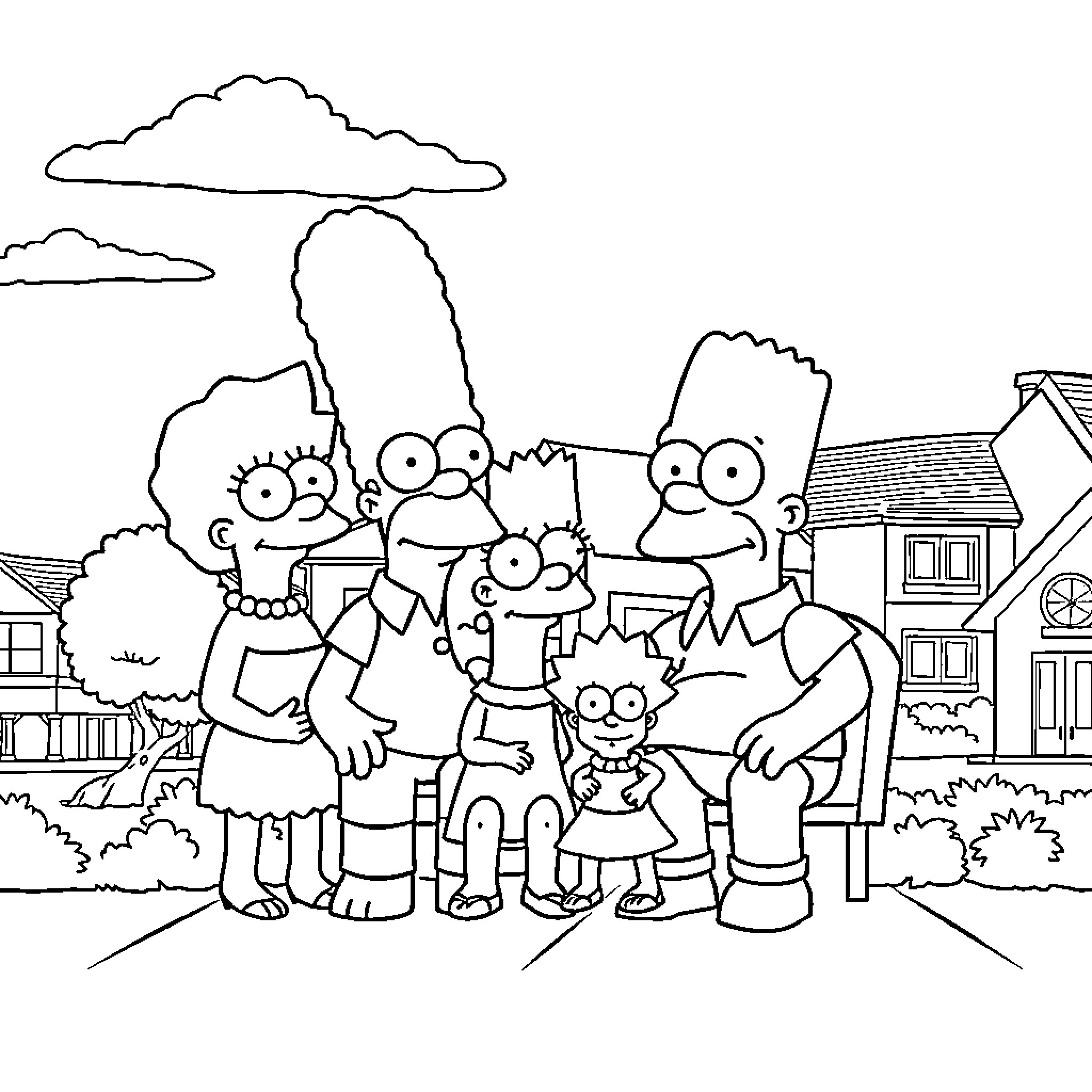 Simpson family posing together in front of their hometown Coloring Page (free black-and-white line drawing printable PDF for all, from beginners to advanced learners, including children, teens, adults, and seniors)