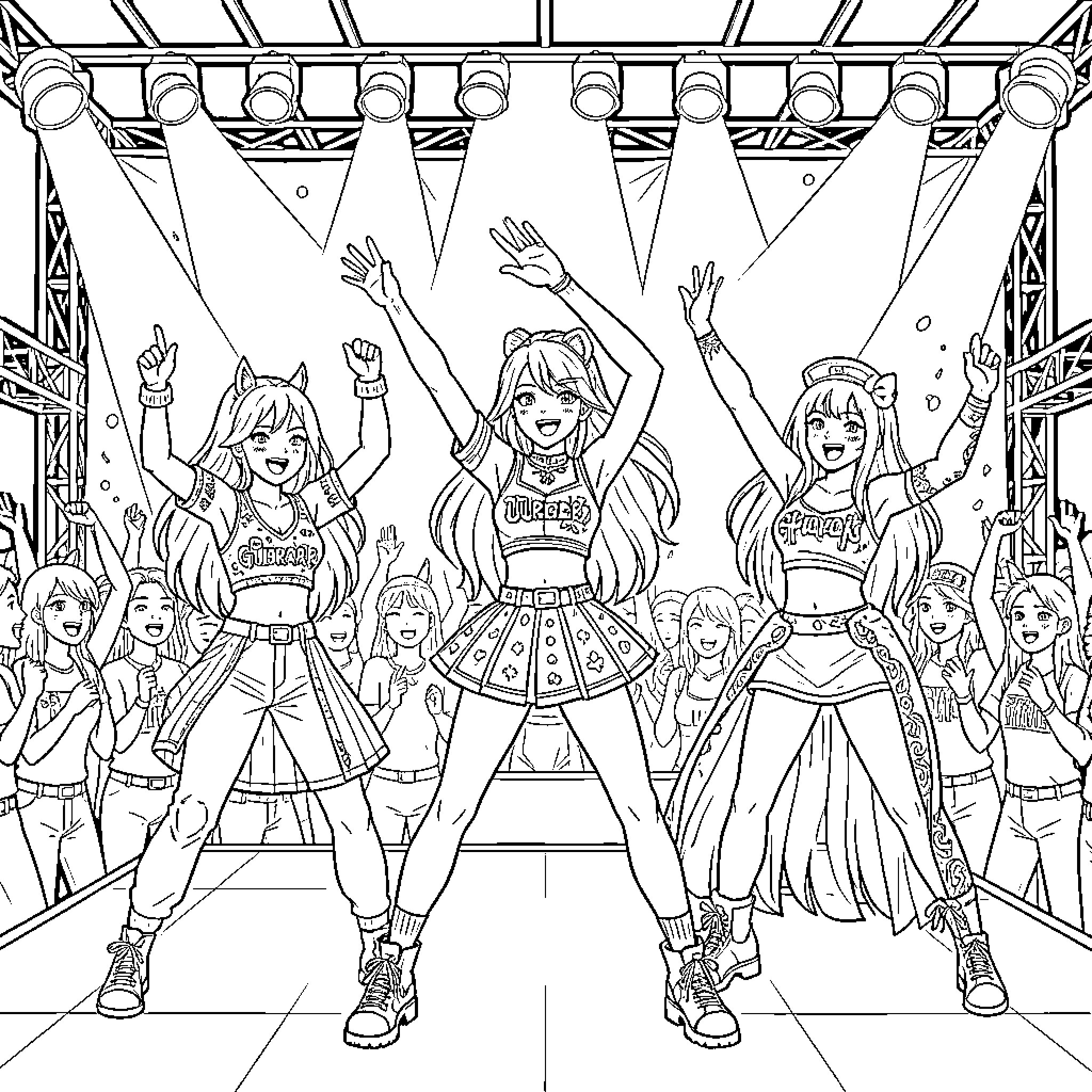 K-Pop Guerreras Performing on Stage with Enthusiasm Coloring Page (free black-and-white line drawing printable PDF for all, from beginners to advanced learners, including children, teens, adults, and seniors)
