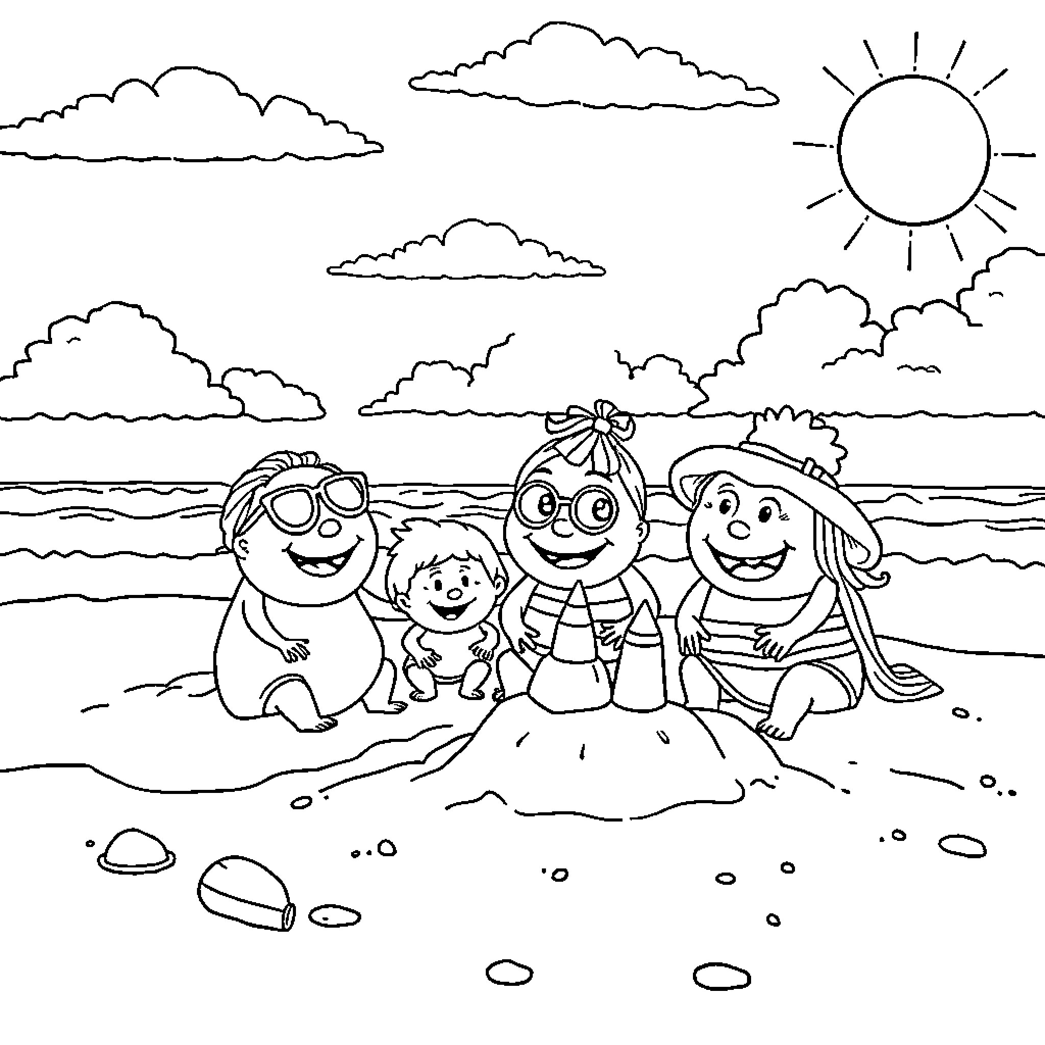 Barbapapa family enjoying a sunny day at the beach Coloring Page (free black-and-white line drawing printable PDF for all, from beginners to advanced learners, including children, teens, adults, and seniors)