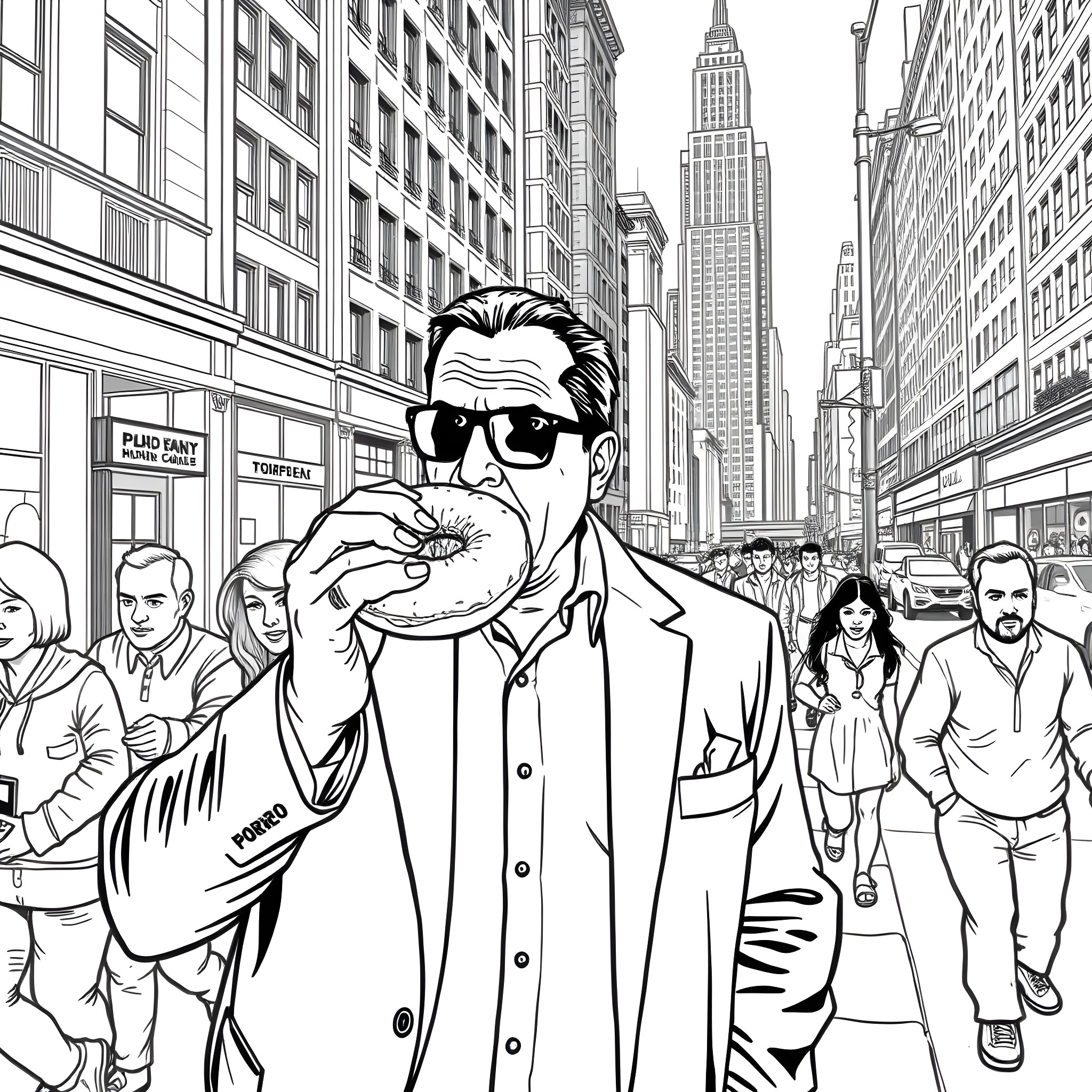 Tony Soprano's Iconic New York City Stroll Coloring Page (free black-and-white line drawing printable PDF for all, from beginners to advanced learners, including children, teens, adults, and seniors)