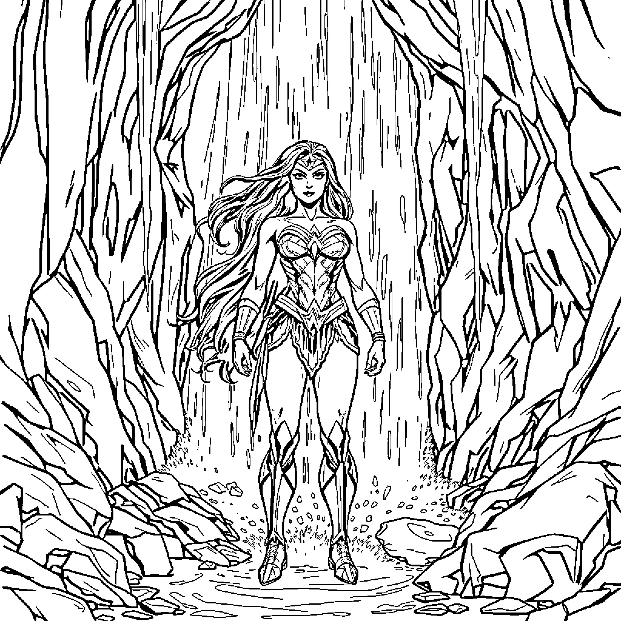 Wonder Woman standing strong in a magical forest Coloring Page (free black-and-white line drawing printable PDF for all, from beginners to advanced learners, including children, teens, adults, and seniors)